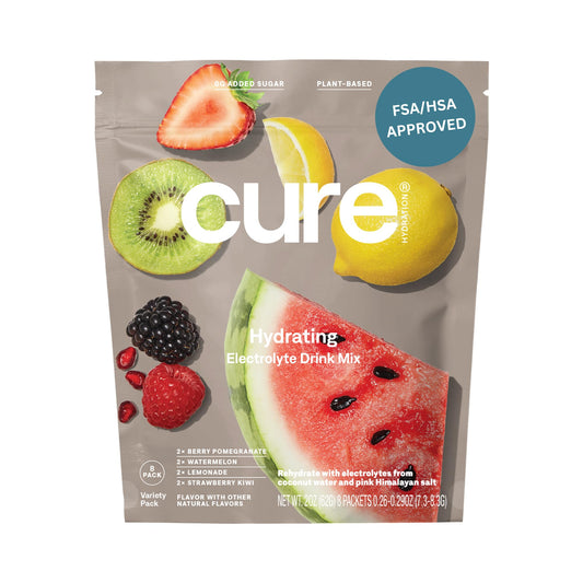 Cure Hydration | Plant-Based Electrolyte Drink Mix | No Added Sugar | FSA & HSA | Dehydration Relief Powder Made with Coconut Water | Non-GMO | Vegan | 8 Servings - Variety Pack