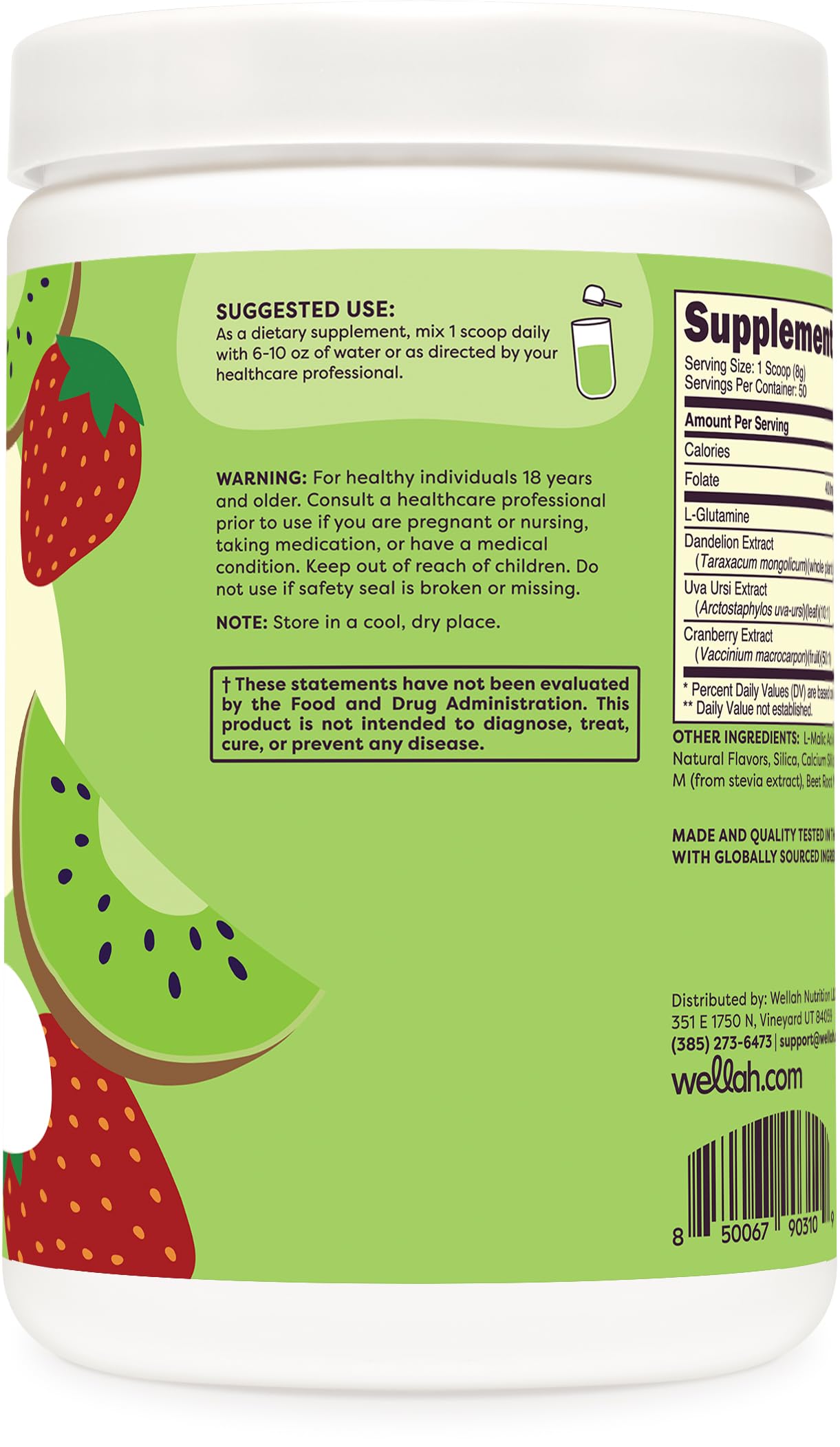 Wellah L-Glutamine Powder Strawberry Kiwi (50 Servings) - 5g L-Glutamine Per Serving, Sweetened with Stevia