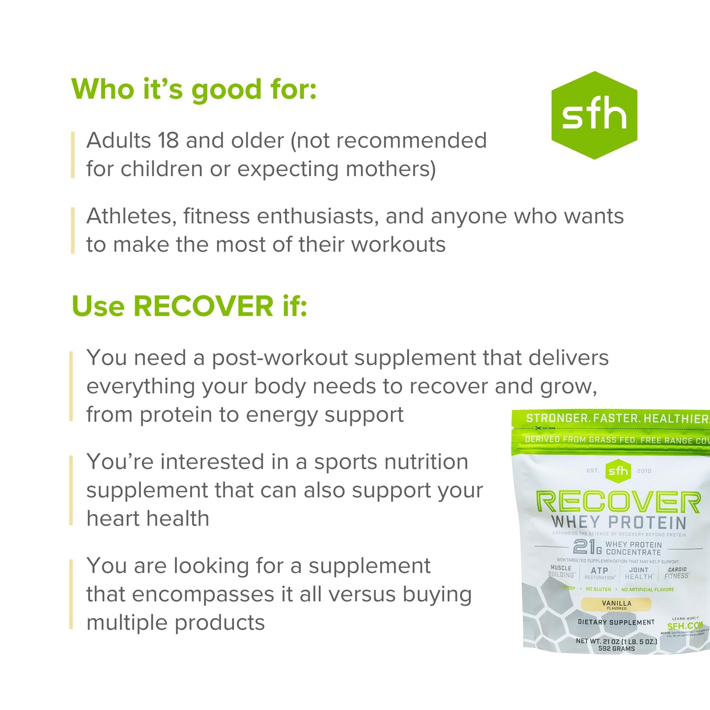 SFH RECOVER Whey Protein Powder (Vanilla) Great Tasting Grass Fed Whey for Post Workout | All Natural | No Soy, No Gluten, No RBST, No Artificial Flavors (20 serving bag)