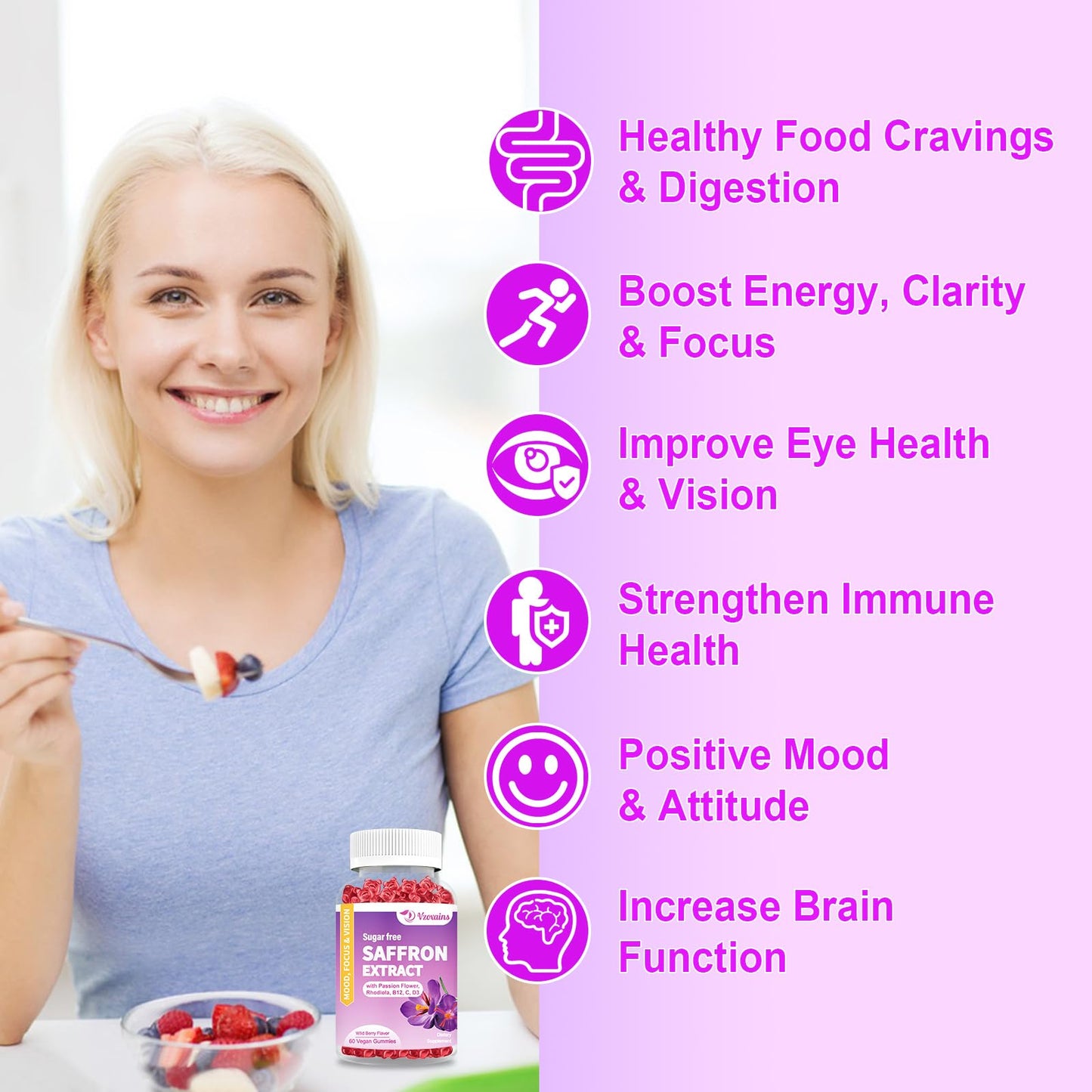 VZOXAINS 2 Pack Saffron Gummies - Sugar Free with Passion Flower, Rhodiola, Vitamin B12 and D3, Support Eye Vision, Focus, Mood and Metabolism, Wild Berry Flavor 120 Cts