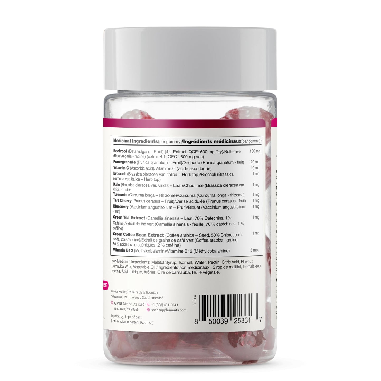 Snap Supplements Beet Root Gummies, Nitric Oxide Supplement with Organic Beets, Vitamins, Pomegranate and Antioxidants for Energy, Heart Health & Circulation Support, 60 Sugar Free Gummies, Cherry