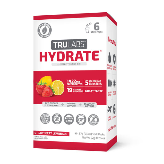 TRULABS Hydrate Strawberry Lemonade 6ct. Sugar Free Electrolytes Hydration Packets. Each Serving Contains 1422 mg of Electrolytes &19 Vitamins & Minerals.
