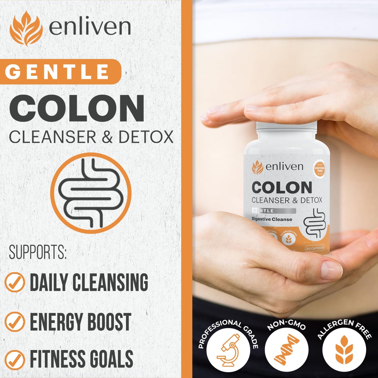 enliven Gentle Colon Cleanse | Daily Detox Cleanse for Weight Loss | Natural Herb Blend Supports Regular Digestive Health | Made in The US 60 Capsules