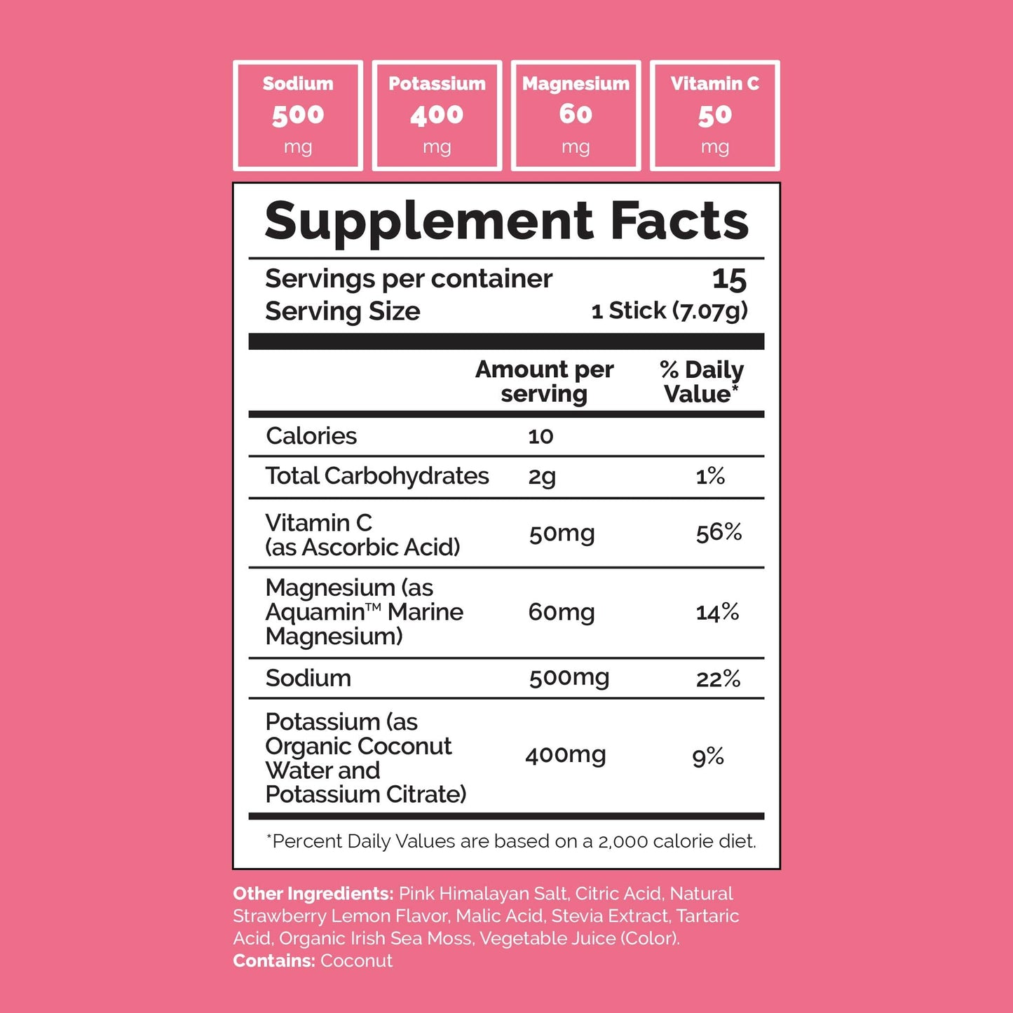 Voli Hydration Drink Mix, Sunset Strawberry - Superfood Electrolyte Powder with Irish Sea Moss, Aquamin Magnesium, Coconut Water & Himalayan Pink Salt - Low Calorie - 15 Servings (1 Pack)