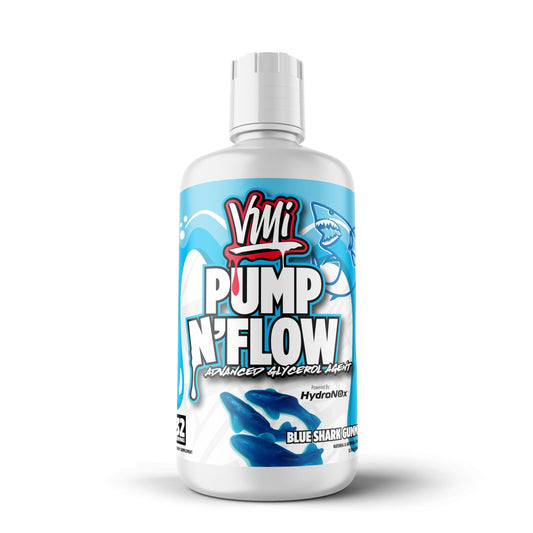VMI Sports Pump N Flow Advanced Glycerol Agent | Stimulant Free Pre-Workout | Muscle Pumps, Hydration and Performance | Zero Sugar or Artificial Colors | 32 fl oz. 32 Servings (Blue Shark Gummy)