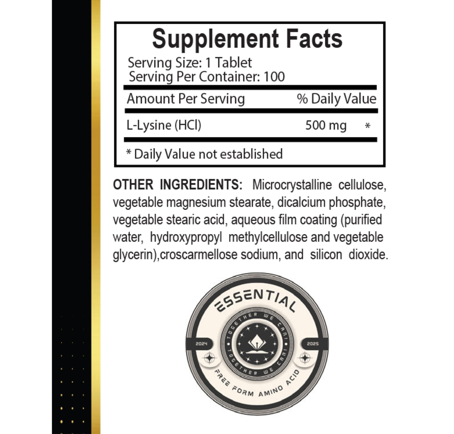 OLANTA TRADE SOLUTION L-LYSINE 500 Amino Acid - Lysine Supplement Supports Healthy Lip and Oral Tissue, Non-GMO, No Gluten, Immune + Bone Health Support, Protein Synthesis - 1 Bottle 100 Counts