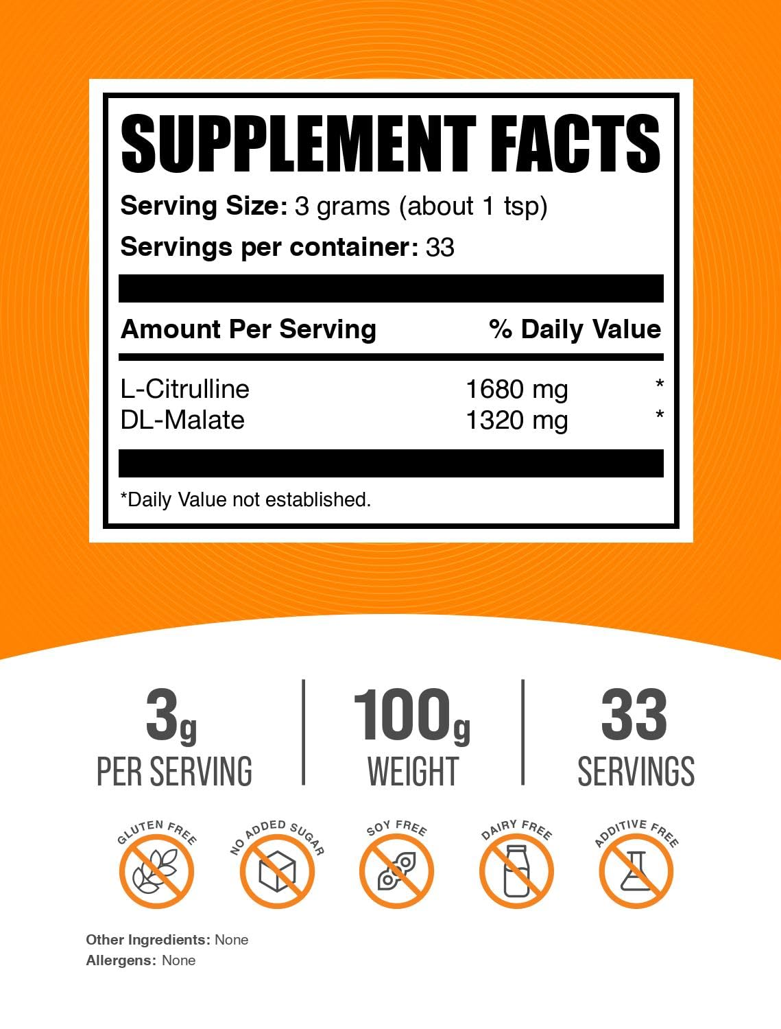 BulkSupplements.com L-Citrulline Malate 1:1 Powder - Citrulline Powder, Amino Acid Supplement - Unflavored & Gluten Free - 3g per Servings, 100g (3.5 oz) (Pack of 1)