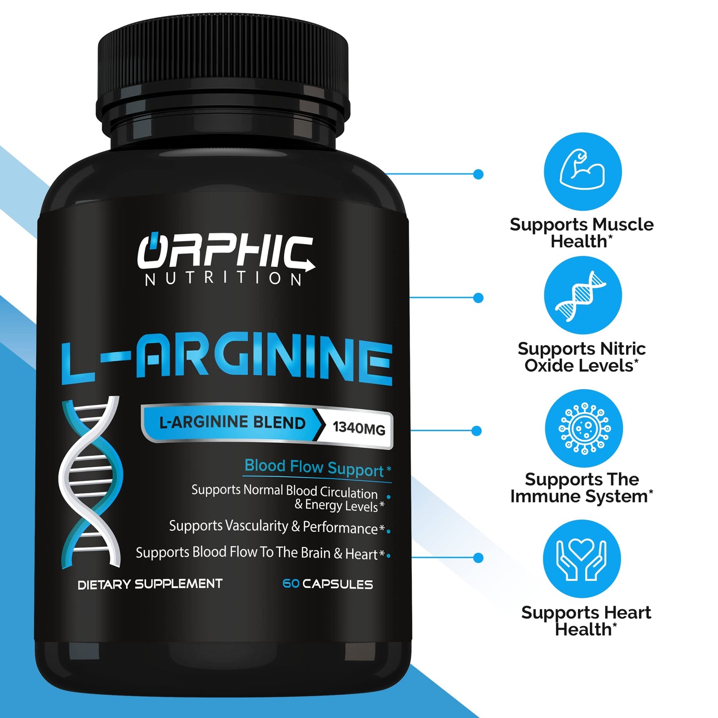 ORPHIC NUTRITION L Arginine Supplement for Men 1000mg+ - 60 Capsules - L Citrulline and Nitric Oxide Supplement to Support Muscle Health, Exercise Endurance, Vascularity, Heart Health, Energy Levels*