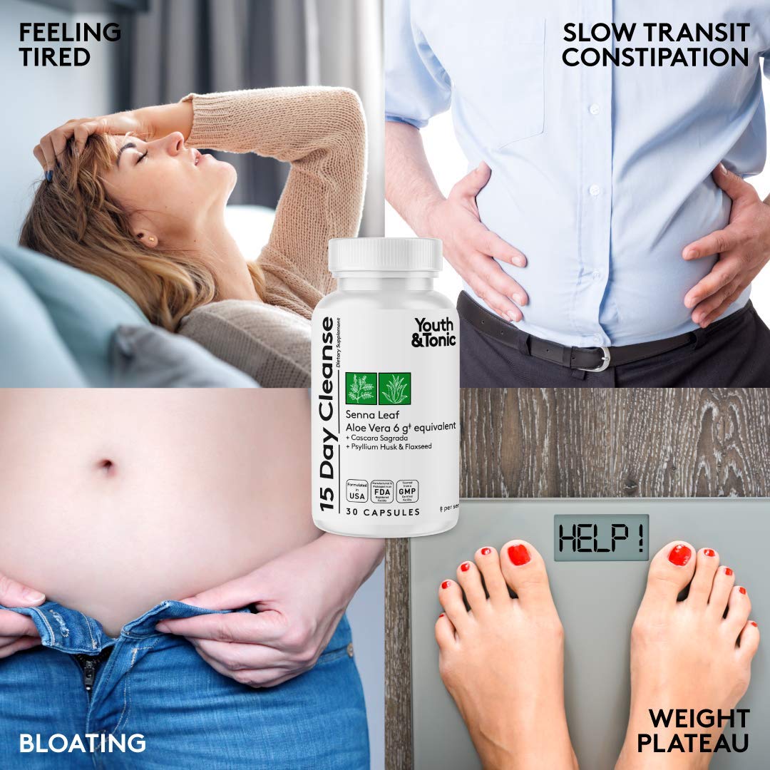 Youth & Tonic 15 Day Colon & Kidney Cleanse - Full Body Detox Pills for Bloating, Gut, Bladder, Urinary Tract & Kidney Flush Support - Senna & Cranberry Herbal Supplement, 60 Pills for Men & Women