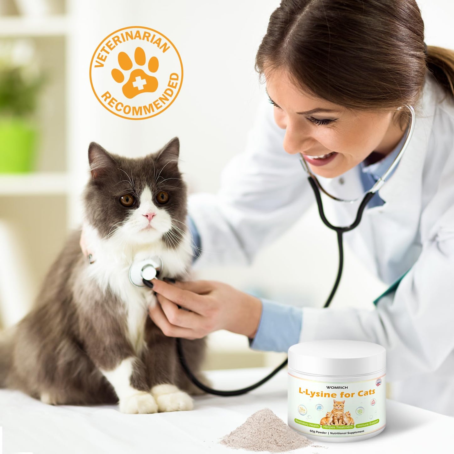 L-Lysine Powder Supplement for Cats Herpes Treatment for Cats - Immune Support & Respiratory Health - Supports Eye & Skin Health - Sneezing, Runny Nose, Squinting, Watery Eyes - 60g
