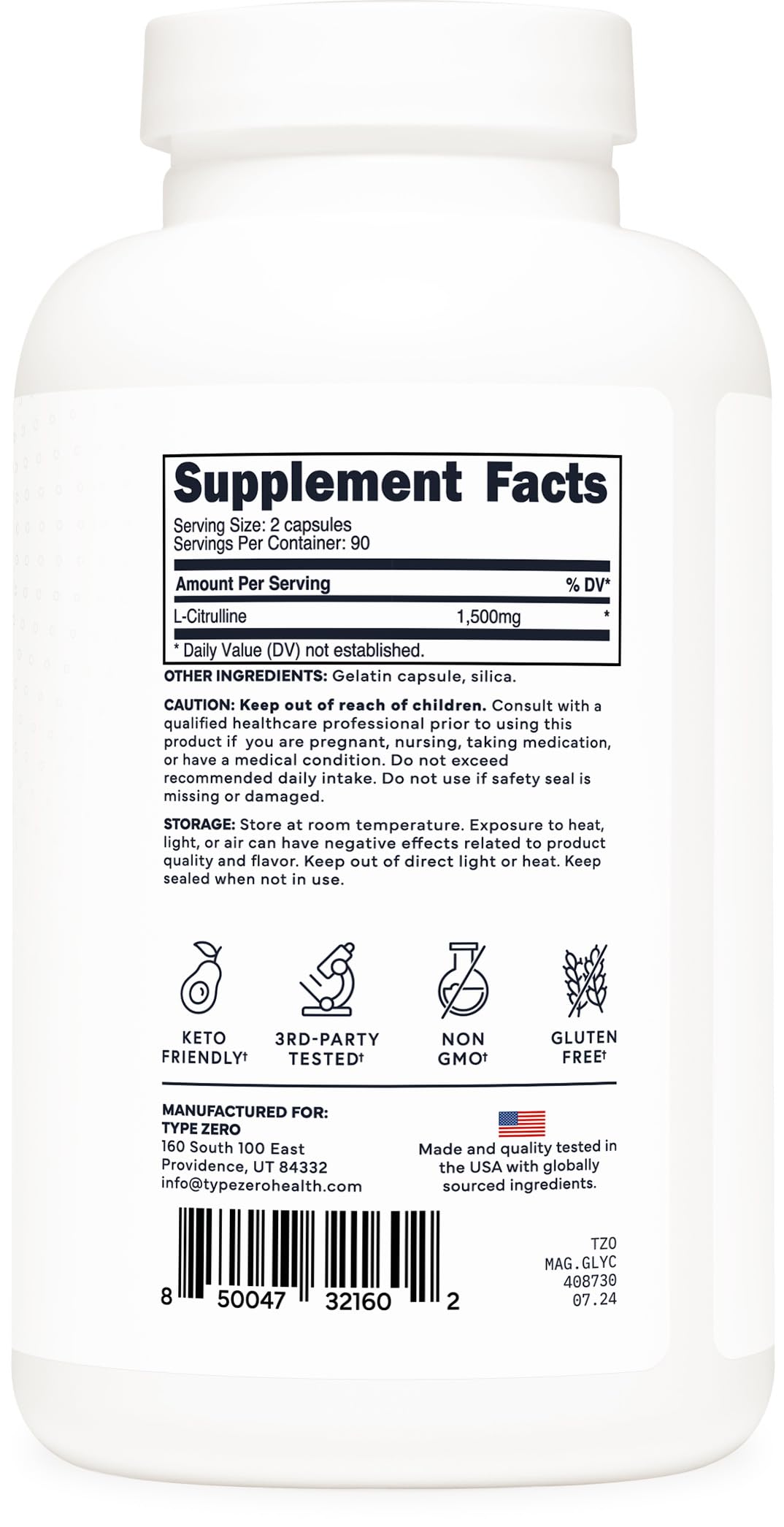 Type Zero L-Citrulline Capsules (180 Capsules) (1500 mg per Serving) - GMO-Free