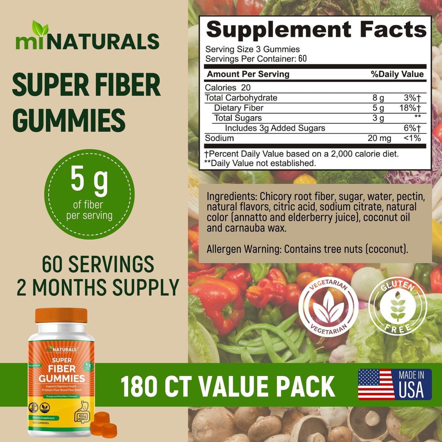MINATURALS Prebiotic Fiber Supplement Gummies | Value Pack - 180 ct | 5 g per Gummy | Plant Based Digestive Gut Cleansing | Orange & Mixed Berry