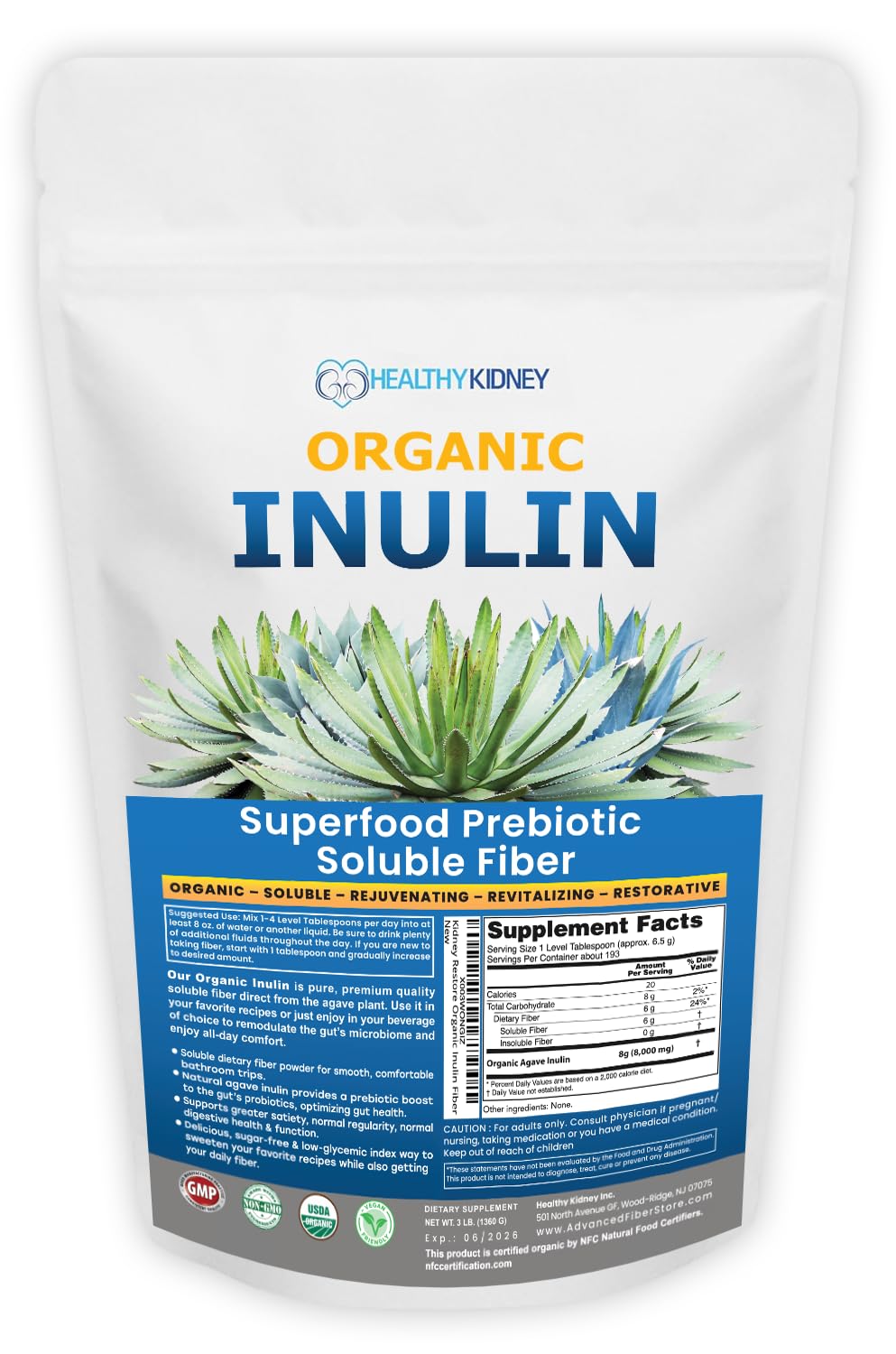 Kidney Restore Organic Inulin Powder (48oz/3 lbs) Gentle Agave Prebiotic Soluble Fiber Supplement for Digestive Support, Gut Health, Vegan Baking, Smoothies & Drinks