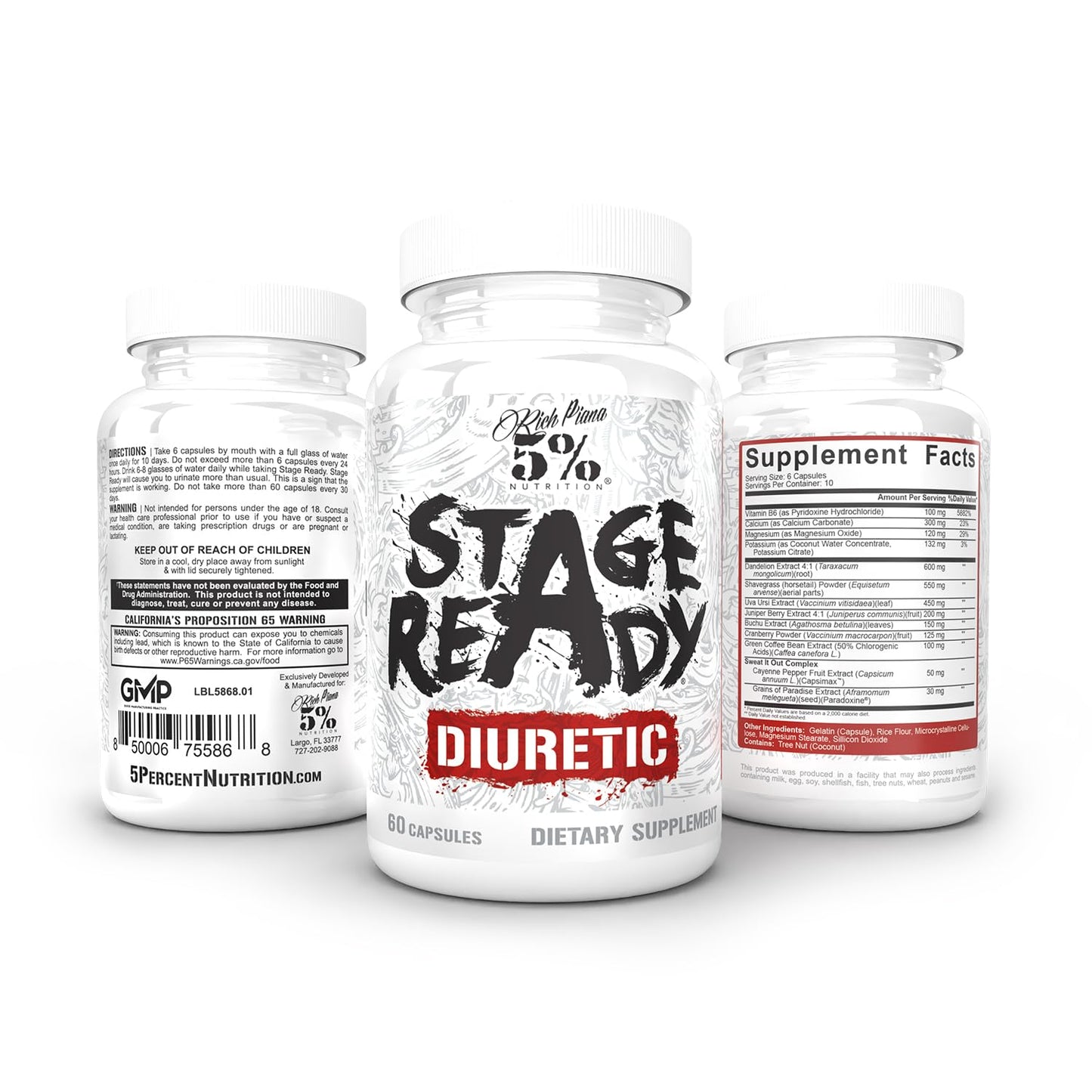 5% Nutrition Stage Ready Diuretic | Extra Strength Competition Diuretic | Fast Acting Weight Cut, Water Retention & Bloat Relief | Natural Formula w/Dandelion Root, Shavegrass, Uva Ursi (60 Pills)