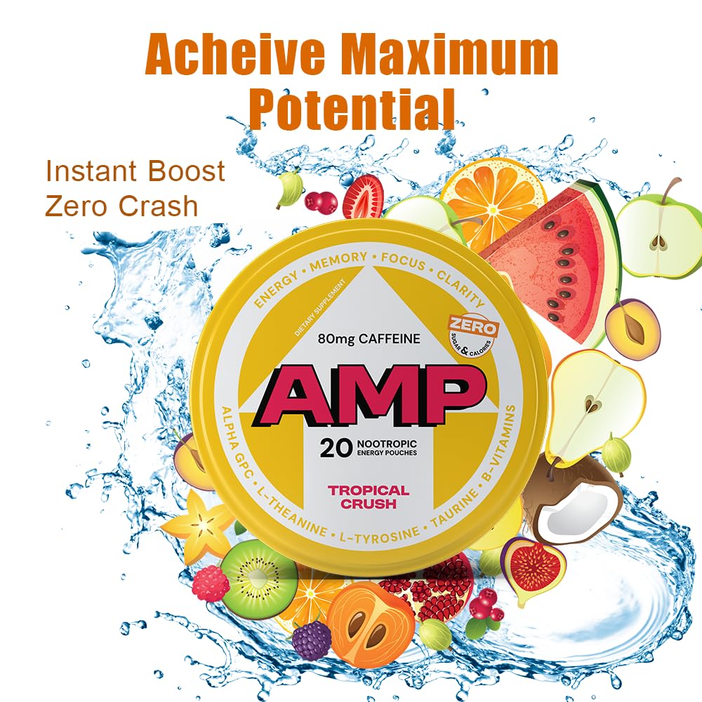 Energy Pouches Tropical Crush 20 Pouches per Can 5 Packs - 80mg Caffeine & Nootropic Blend - Zero Sugar, Nicotine-Free - Enhances Focus, Memory & Performance