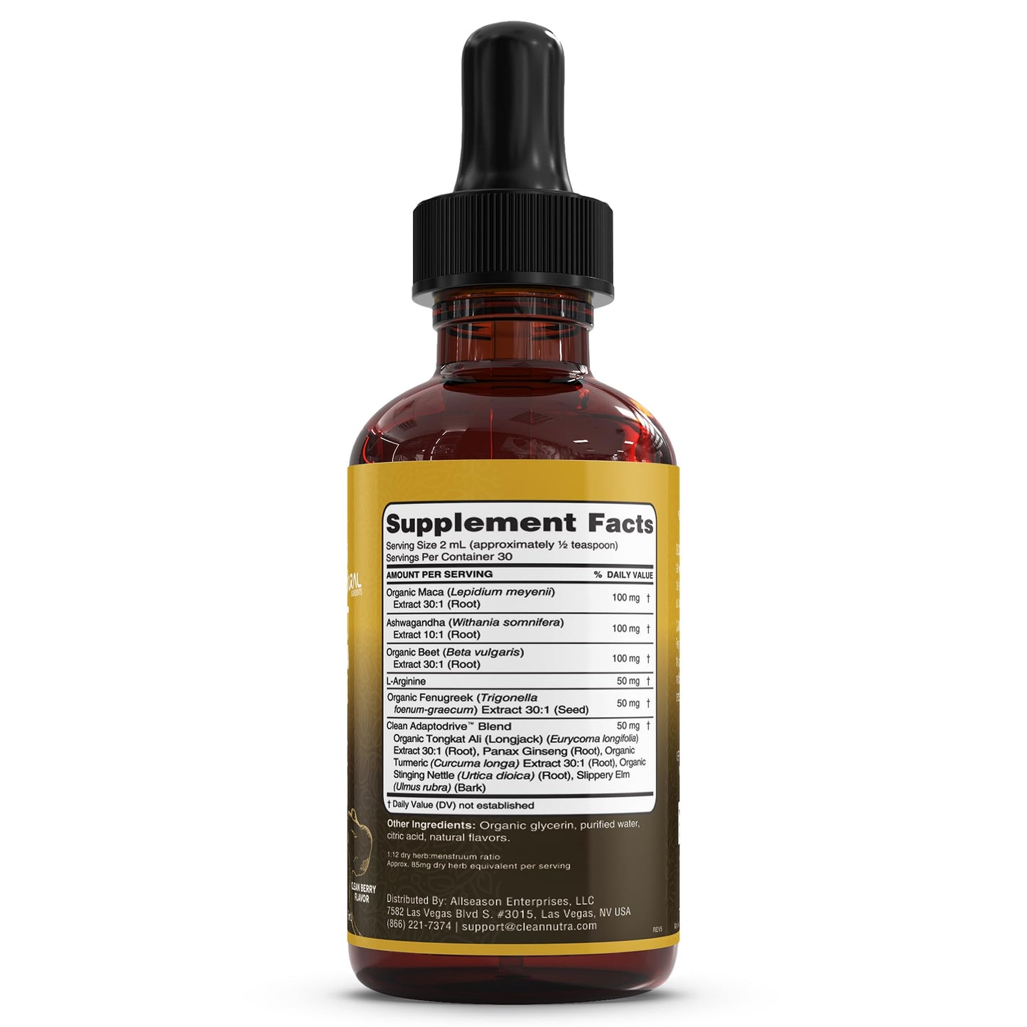 Clean Nutra Organic Maca Root Liquid Drops with Ashwagandha, Fenugreek, Beet Root and L-Arginine Liquid Multivitamin for Women and Men - Adapto Drive