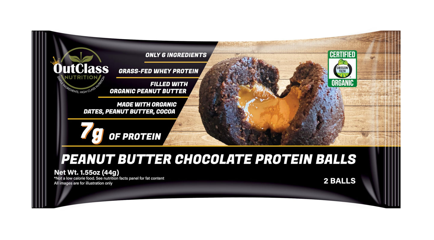 OutClass Nutrition, Peanut Butter Chocolate Filled Protein Balls, Organic, Grass-Fed Whey, 6 Ingredients, 7g of Protein, Gluten-Free, Non-GMO, Low Sodium, Kosher, High Fiber, Snack Balls, 27 Pack