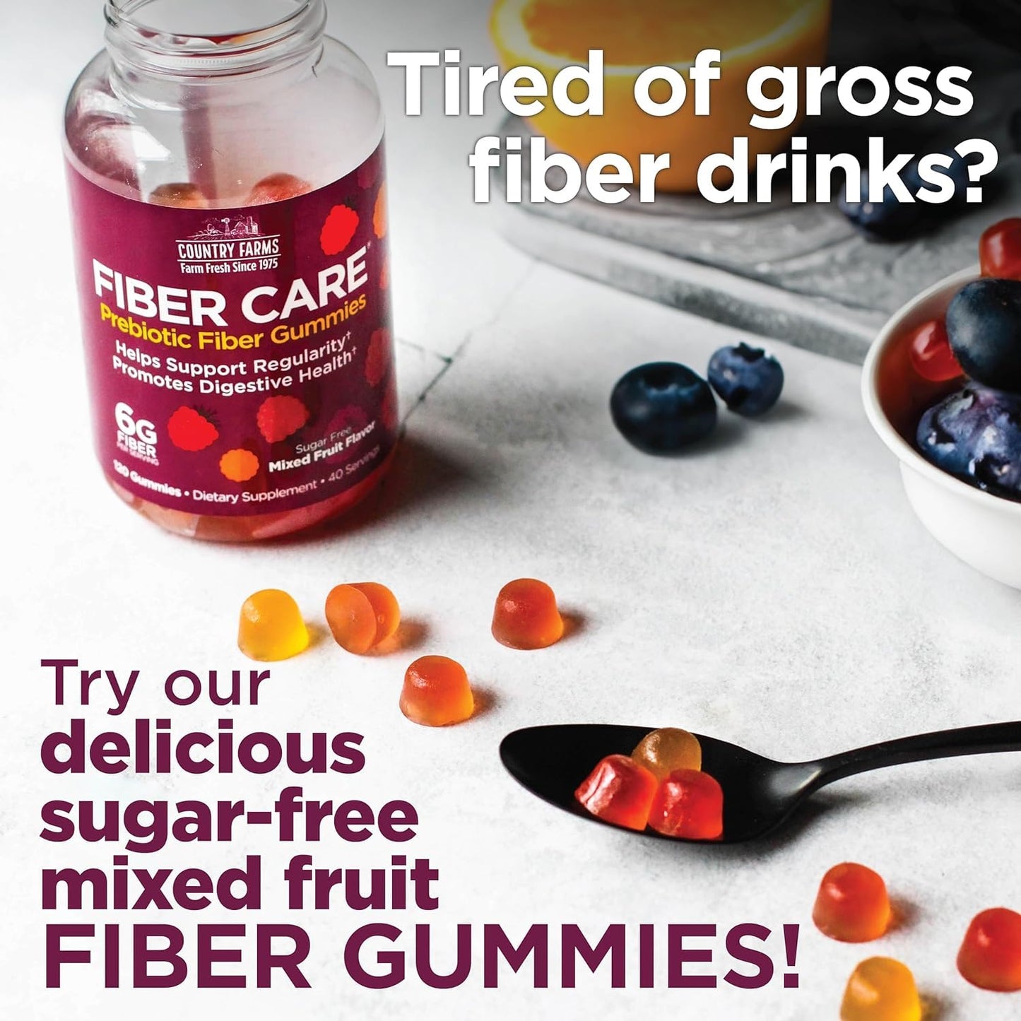 Country Farms Fiber Care Prebiotic Gummies, (240 Count.) 6g of Fiber Per Serving, FOS from Beets, Digestive Health, Supports Regularity, Mixed Fruit Flavor, 80 Servings