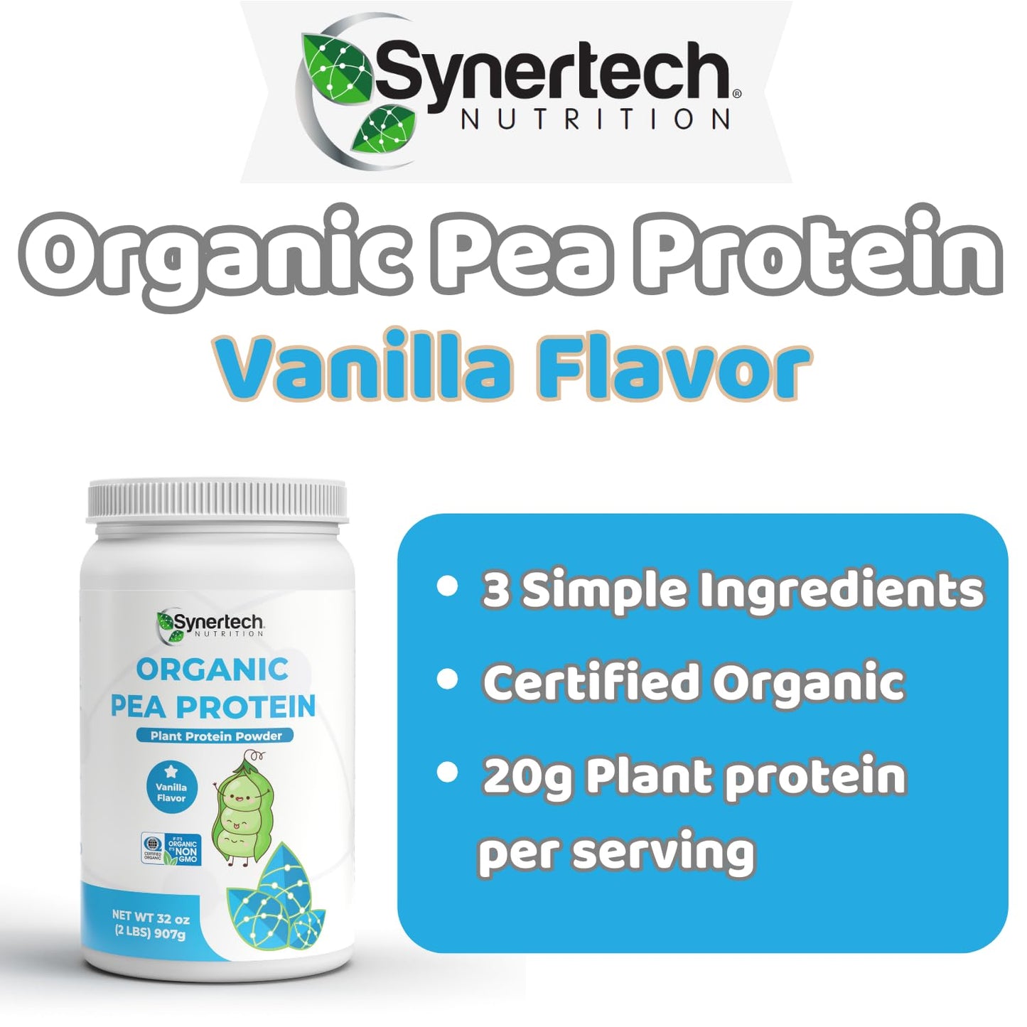 SYNERTECH NUTRITION Vegan Vanilla Flavored Plant-Based Pea Protein (2lbs) | Non-GMO, Certified Organic