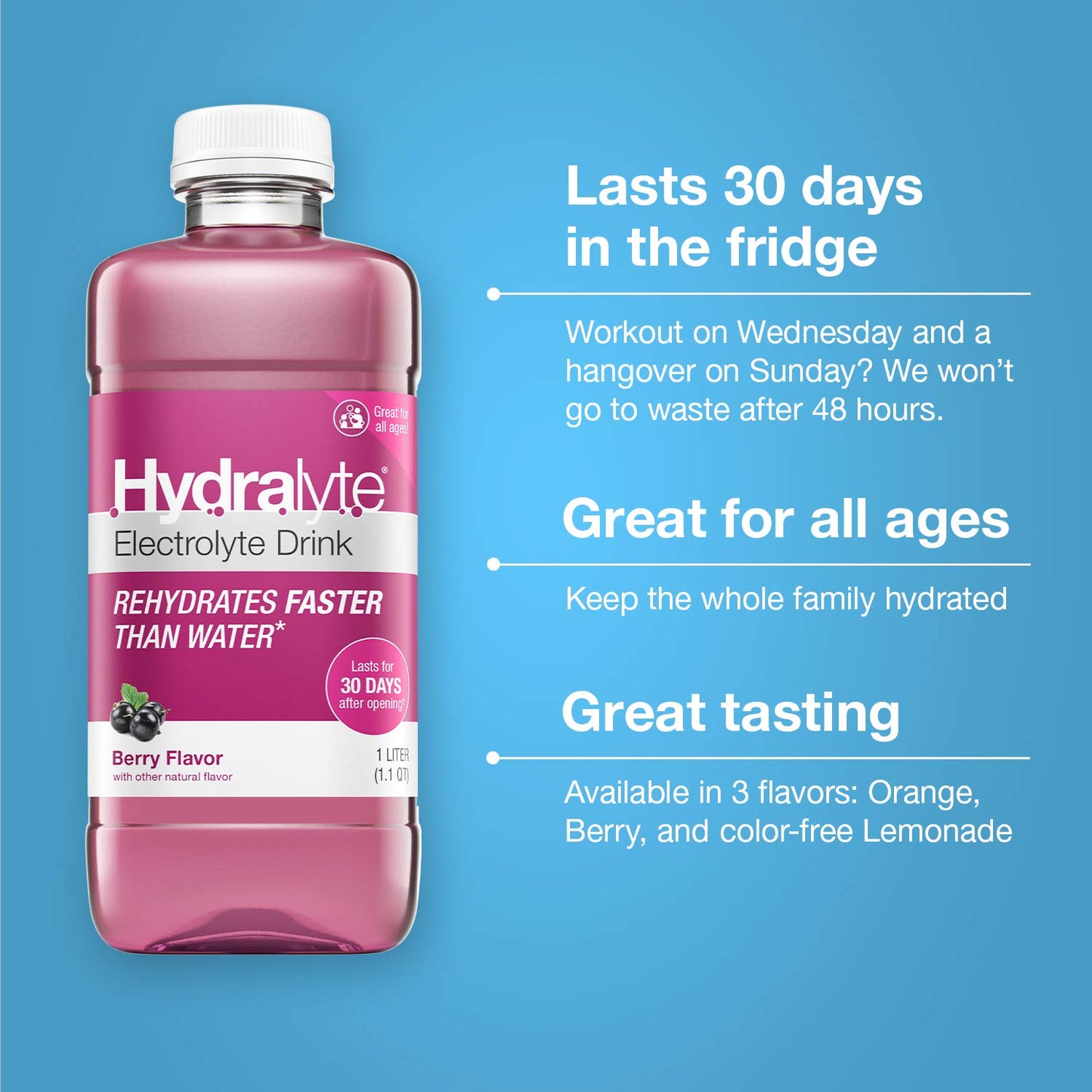 Hydralyte Electrolyte Oral Hydration Ready-to-Drink Solution, Berry, 33.8 Ounce Bottle