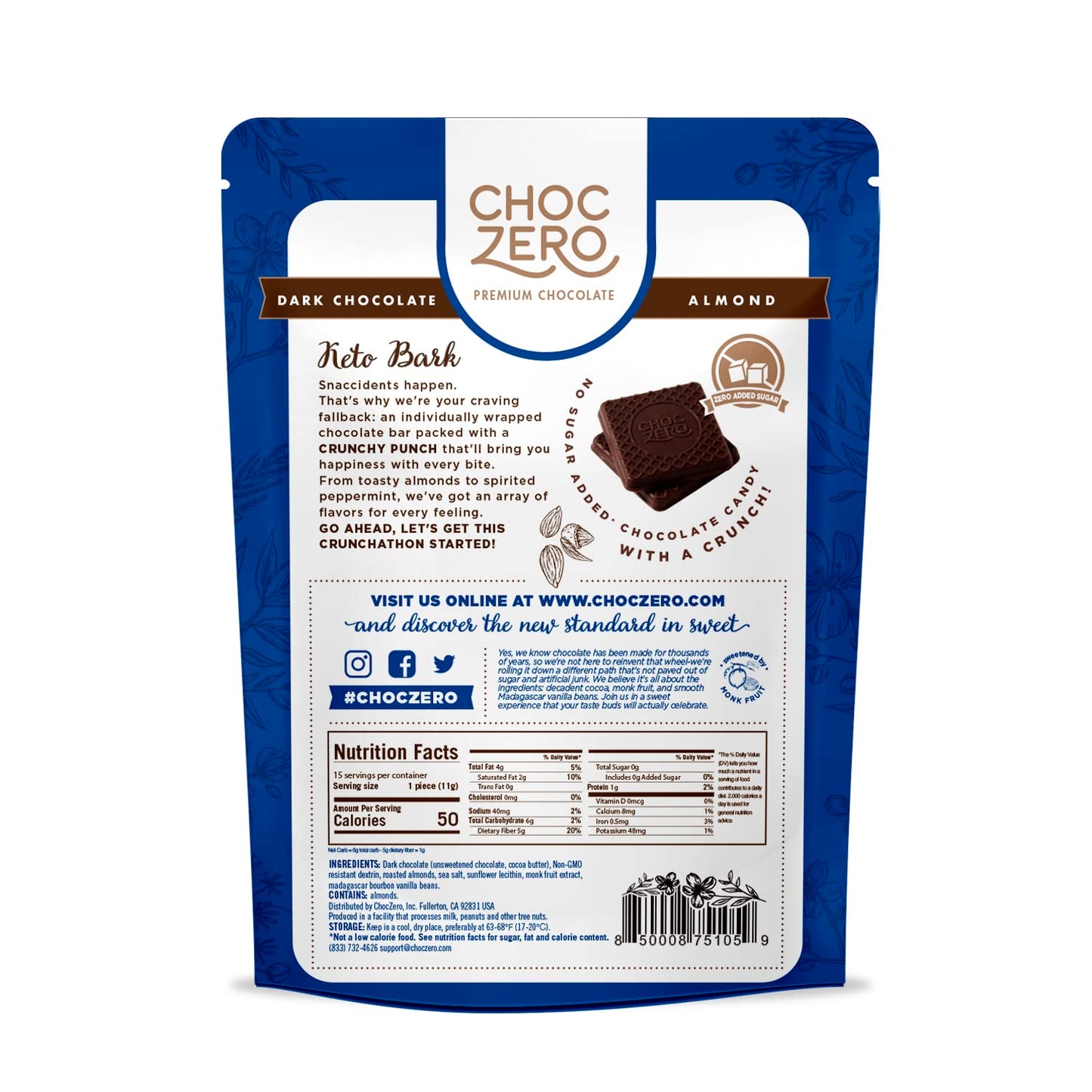 ChocZero Dark Chocolate with Almonds Sea Salt Keto Bark 6 Ounce Pack of 1