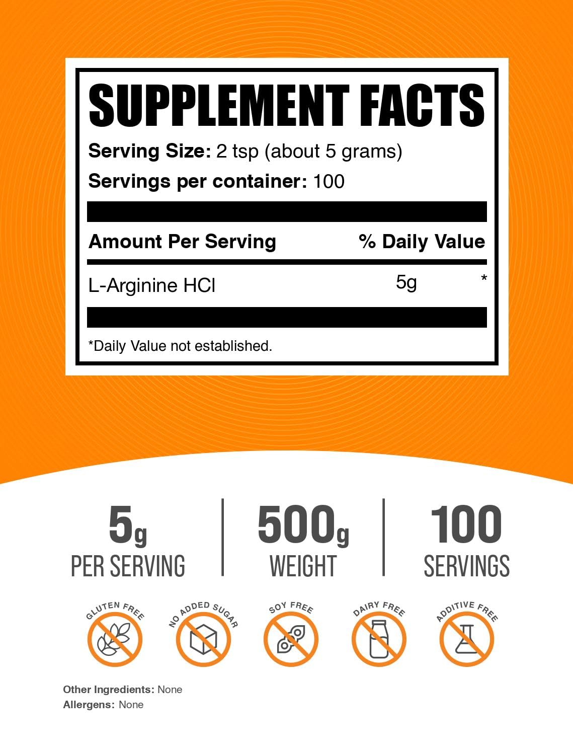 BulkSupplements.com L-Arginine HCl Powder - Nitric Oxide Supplement, Arginine Powder - Unflavored & Gluten Free, 5g per Serving, 500g (1.1 lbs) (Pack of 1)