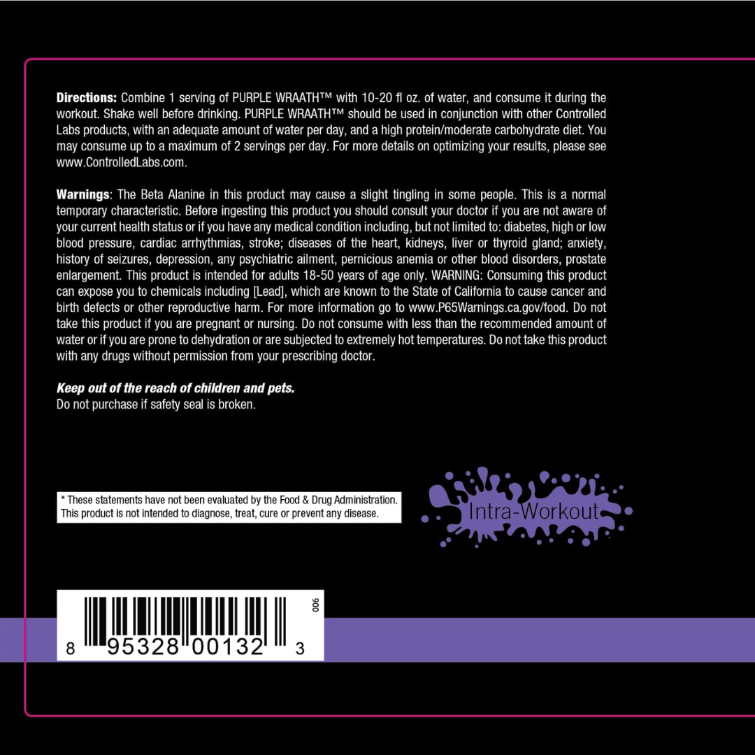 CONTROLLED LABS Purple Wraath, BCAA and EAA Amino Acid Supplement, with Endurance Blend Intra Workout Powder, Optimal Endurance, Focus, and Stamina (Sour Peach, 90 Servings)