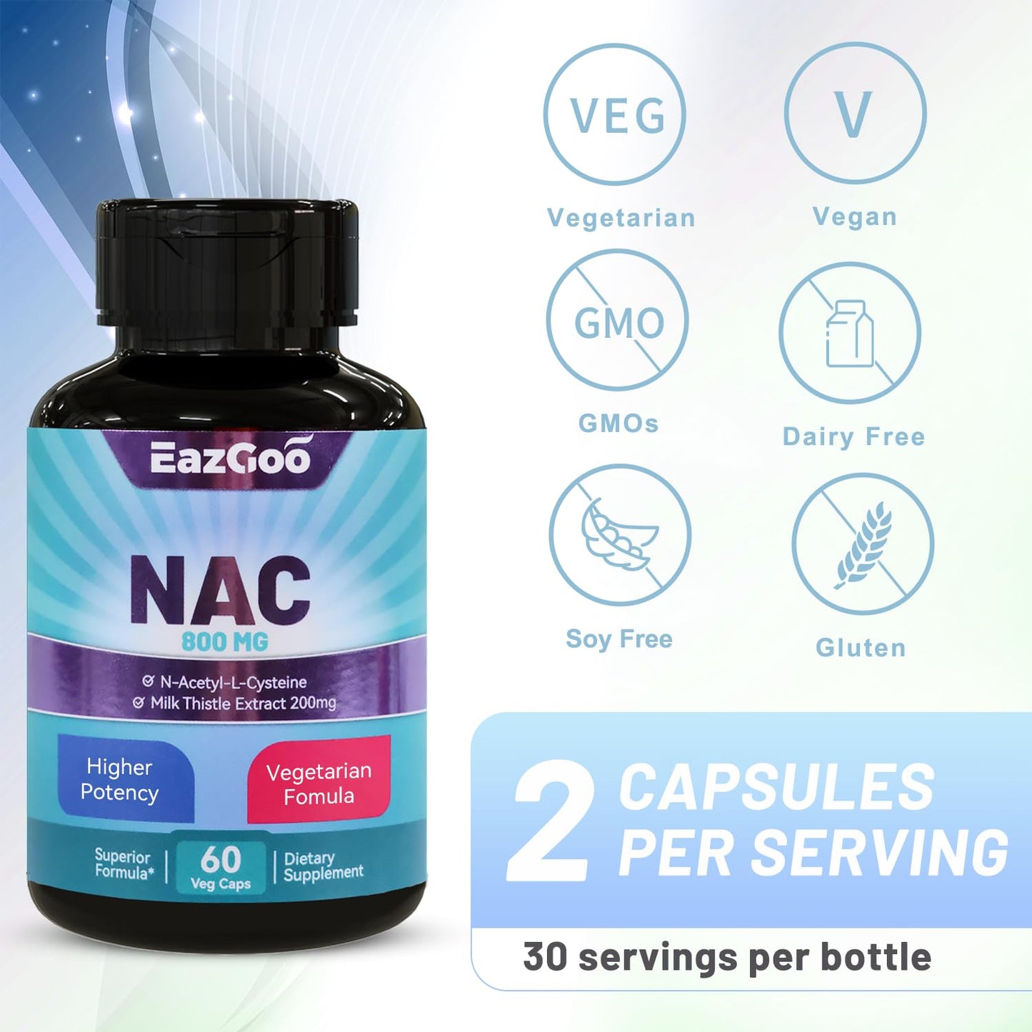 EAZGOO NAC Supplement N-Acetyl Cysteine 800mg, with Milk Thistle 200mg, Non-GMO, Gluten Free - 60 Capsules