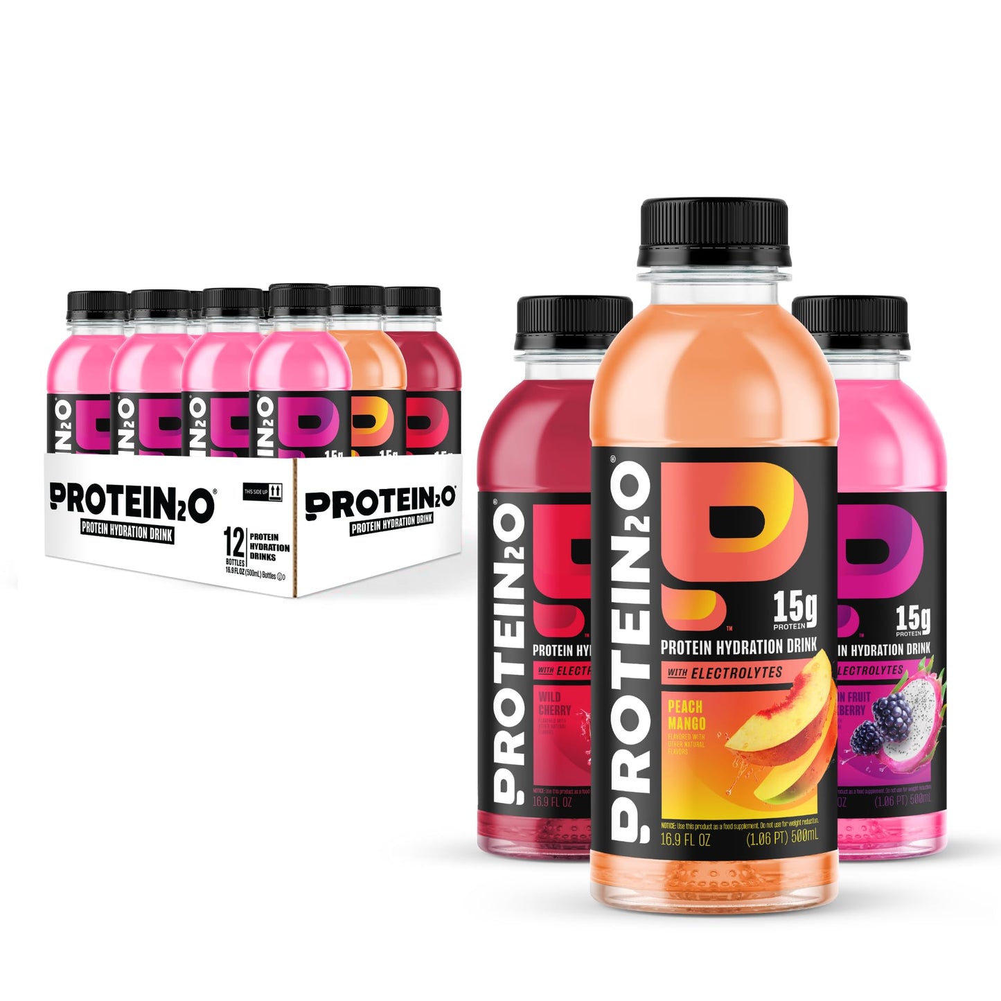 Protein2o 15g Whey Protein Isolate Hydration Drink, 350mg of Electrolytes, Vitamins B5 & B6, Low Sugar, Flavor Fusion Variety Pack, 16.9 oz Bottle (Pack of 12)