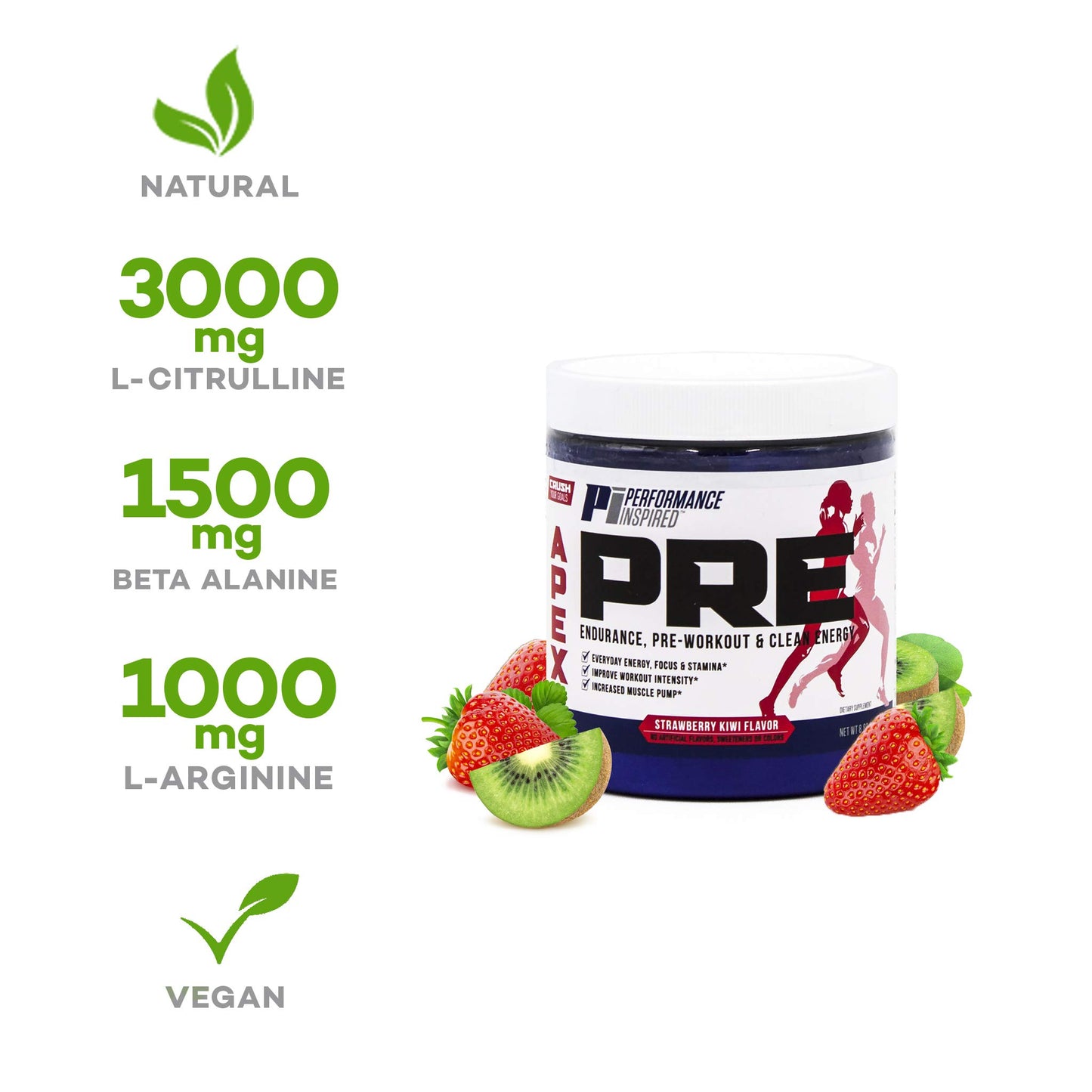 PERFORMANCE INSPIRED Nutrition - APEX Pre Workout Powder - Increase Energy & Endurance - Caffeine - Beta Alanine - All Natural - Vegan Formula - Strawberry Kiwi