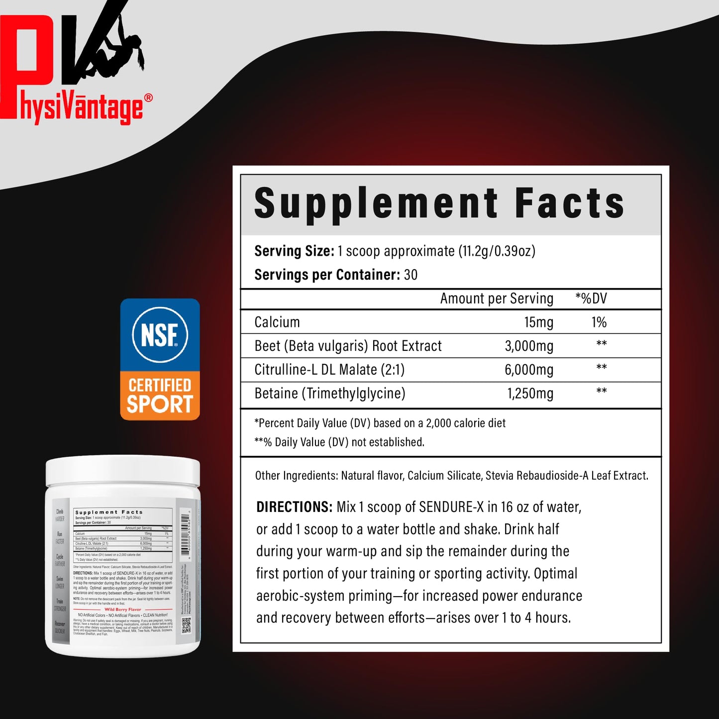 Sendure-X Beetroot + Citrulline Powder - Caffeine-Free Pre-Workout - Boosts Blood Flow, Energy, VO2 Max, Endurance, Recovery - NSF Sport Certified, Peak Performance, Natural - 30 Servings Wild Berry