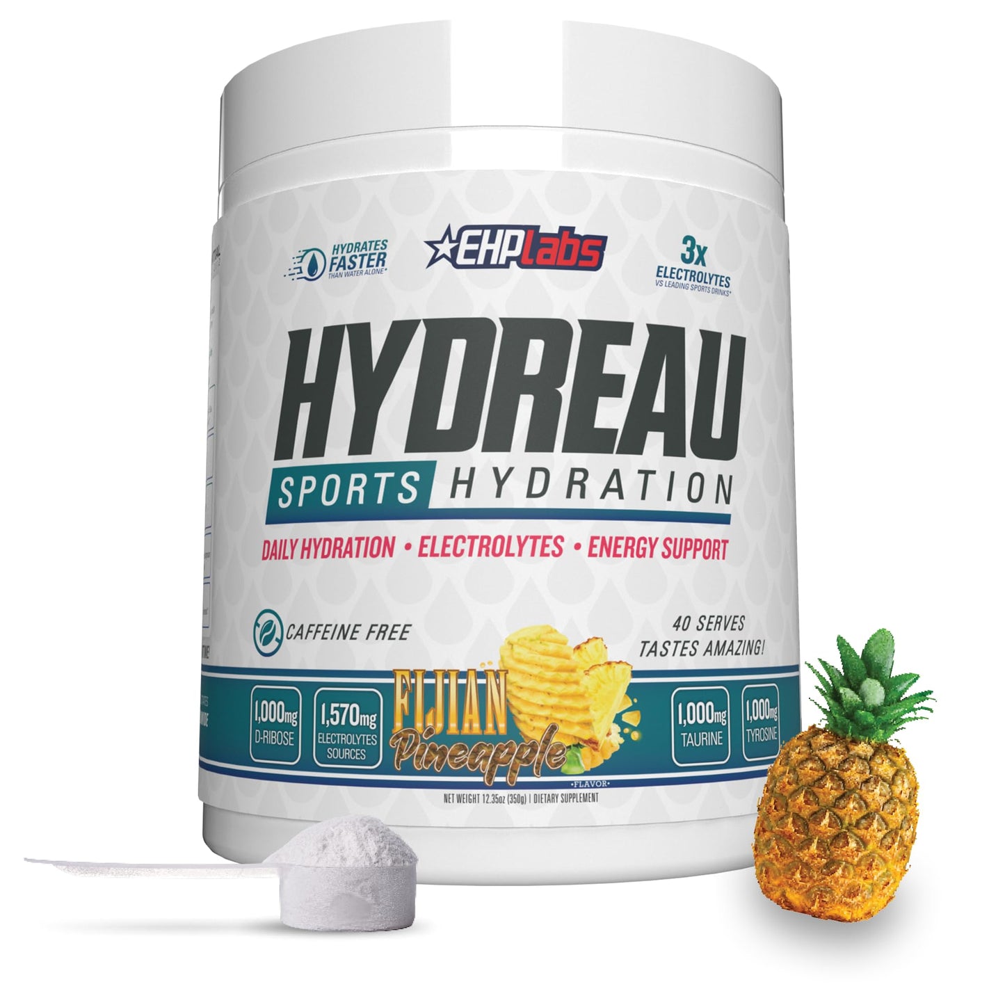 EHP Labs Hydreau Electrolytes Powder No Sugar - Hydration Powder for Endurance & Energy - Electrolyte Powder for Men & Women - Sugar Free Electrolytes - Fijian Pineapple (40 Serves)