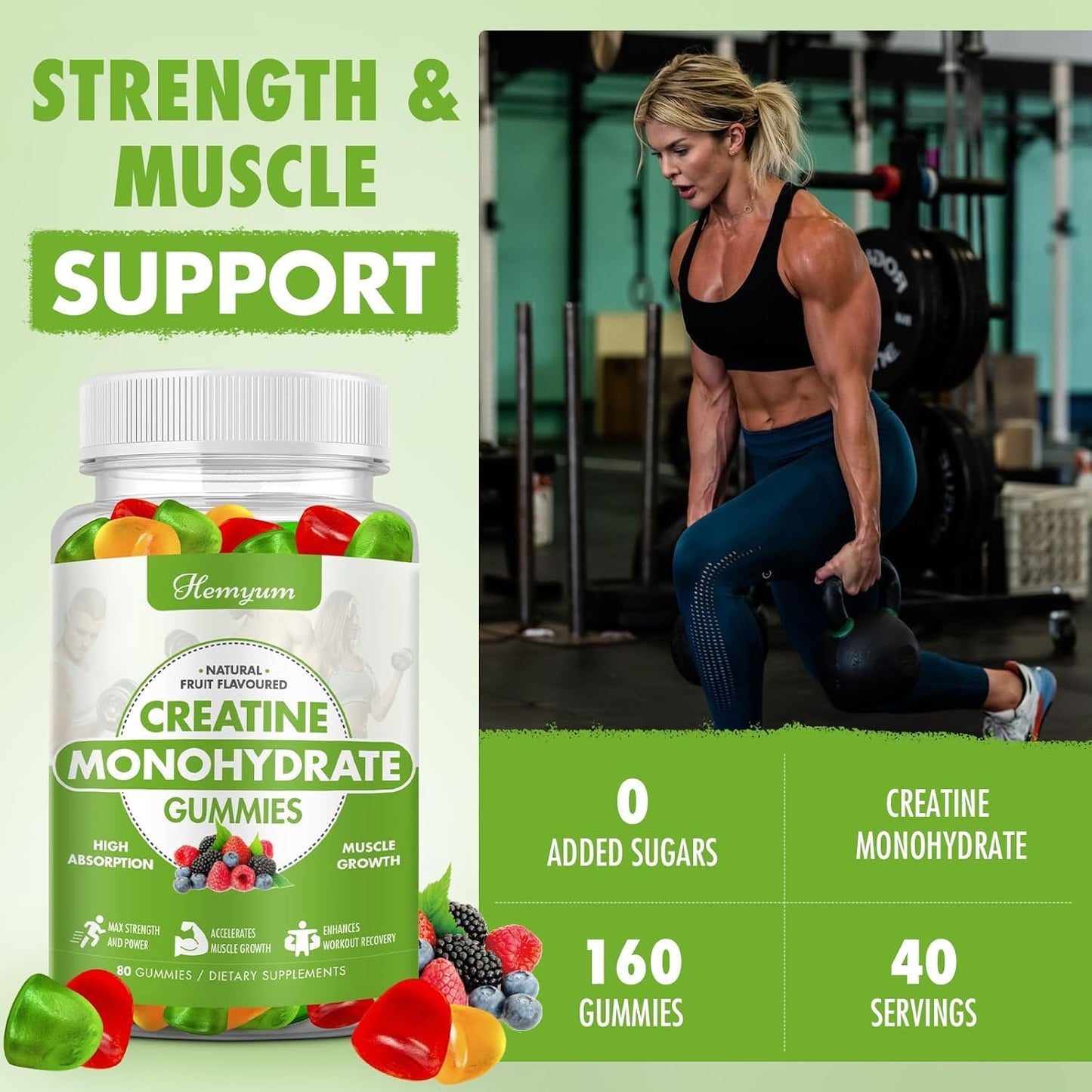 Creatine Monohydrate Gummies for Men & Women,160 Count Chewables Creatine for Enhanced Muscle Strength,Boost Focus and Endurance,Muscle Builder,L-Taurine + Vitamin B12,Vegan, Gluten-Free, Non-GMO
