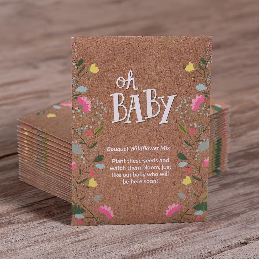 BENTLEY SEED CO Oh Baby Flower Seeds Packets  GirlBoy Baby Shower Favors  PreFilled 25 Wildflower Seed Packs for Favor  EcoFriendly Gift  Babys Guest Giveaways  NonGMO Seeds  Brown Envelop