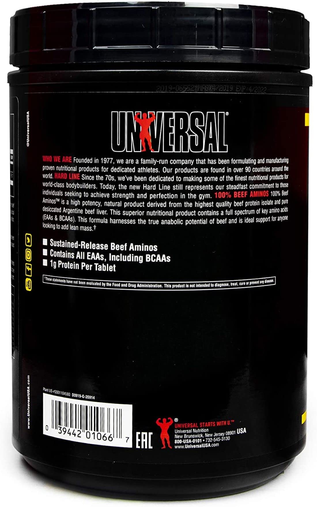 Universal 100% Beef Aminos Tablets | Pure Beef Amino Complex | Full Spectrum EAAs, BCAAs & Protein from Beef Protein Isolate & Pure Desiccated Argentine Beef Liver | 66 Servings, 200 Tablets