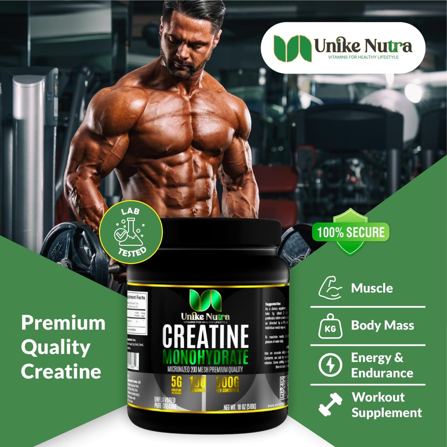 Unike Nutra Pure Creatine Monohydrate Powder Supplement, Unflavored, Supports Bulk Muscle Energy, Recovery, & Strength - Creatine Supplement for Men & Women - 500G, 5000mg Per Serv (5g) - 100 Servings