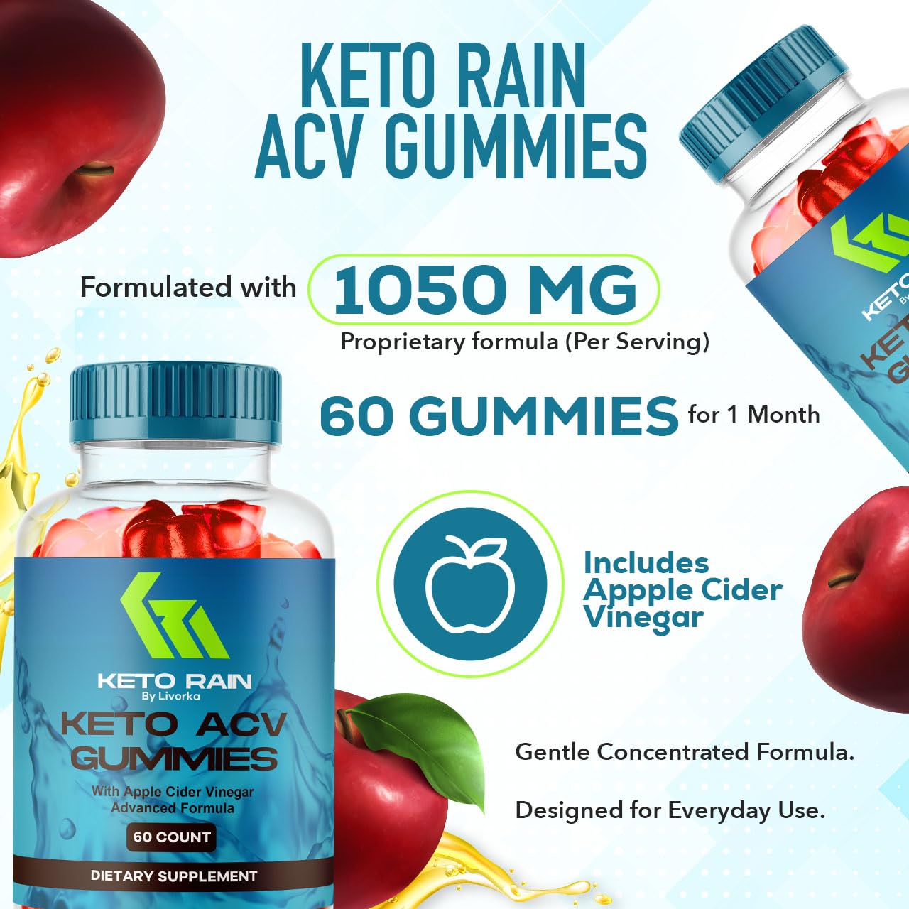(2 Pack) Keto Rain Gummies - Keto Rain Advanced ACV Gummys, Keto Rain ACV Gummy 1050MG - All Natural Keto Rain Apple Cider Vinegar, KetoRain ACV Gummys, 120 Gummies for 2 Months