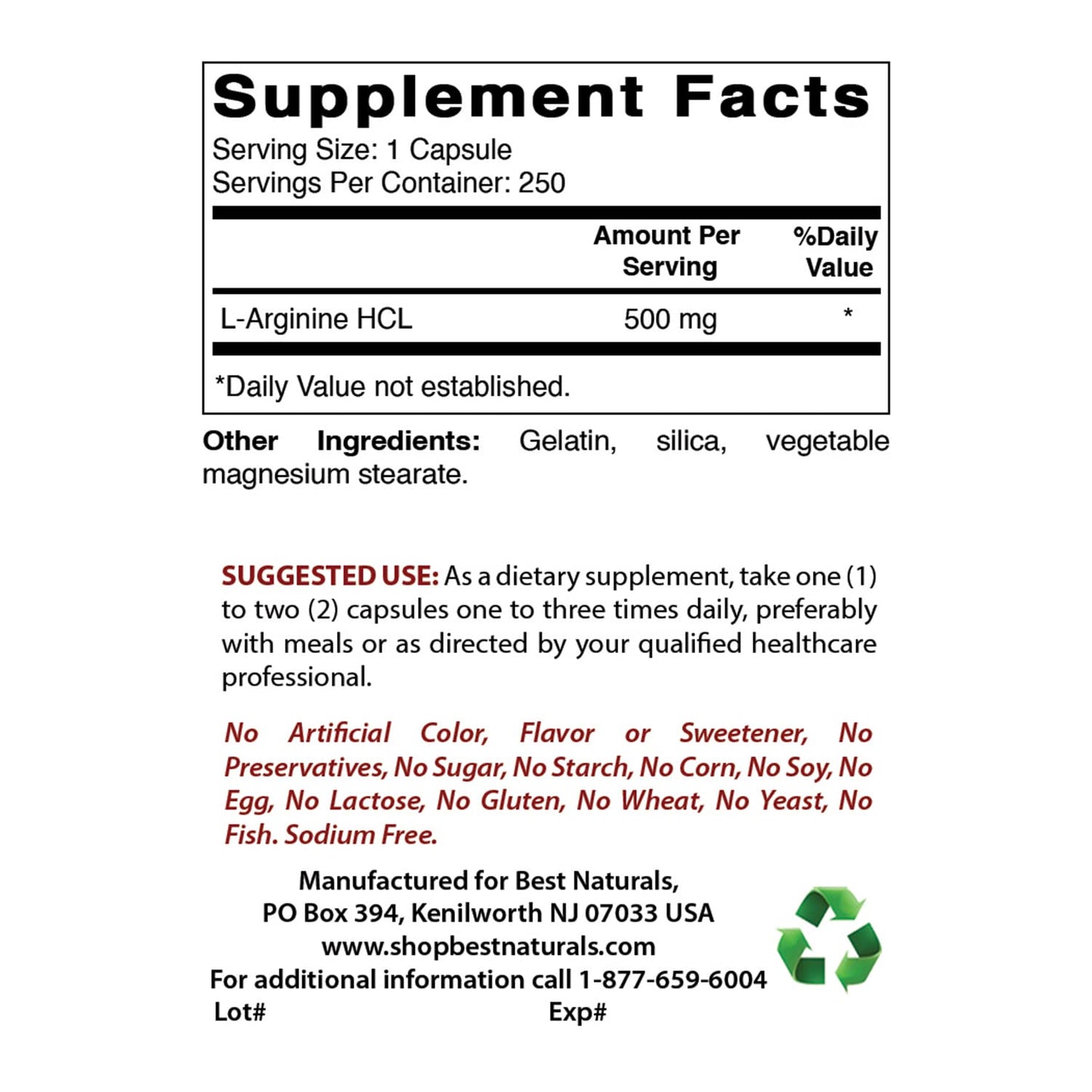Best Naturals L-Arginine 500mg 250 Capsules (250 Count (Pack of 2))