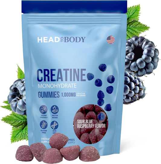 HEADTOBODY Vegan Creatine Gummies - Non-Melting 1000mg Monohydrate Chewables for Strength, Muscle, Focus, Endurance - Non-GMO Creatine Supplements for Men & Women - Blue Raspberry, 90 Count