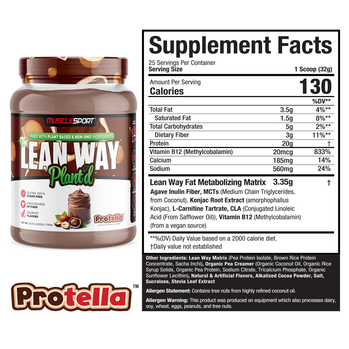 Musclesport Lean Way Plant Protein - Pea Protein and Brown Rice Protein Blend, with Added CLA, MCT and L-Carnitine - 20 Servings (Protella)