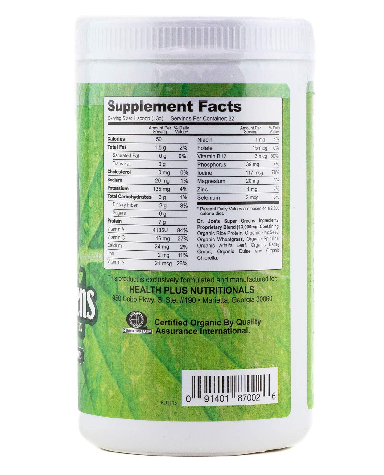 Dr. Joe's Super Greens - Vegan, Green, Superfood Powder with Rice Protein