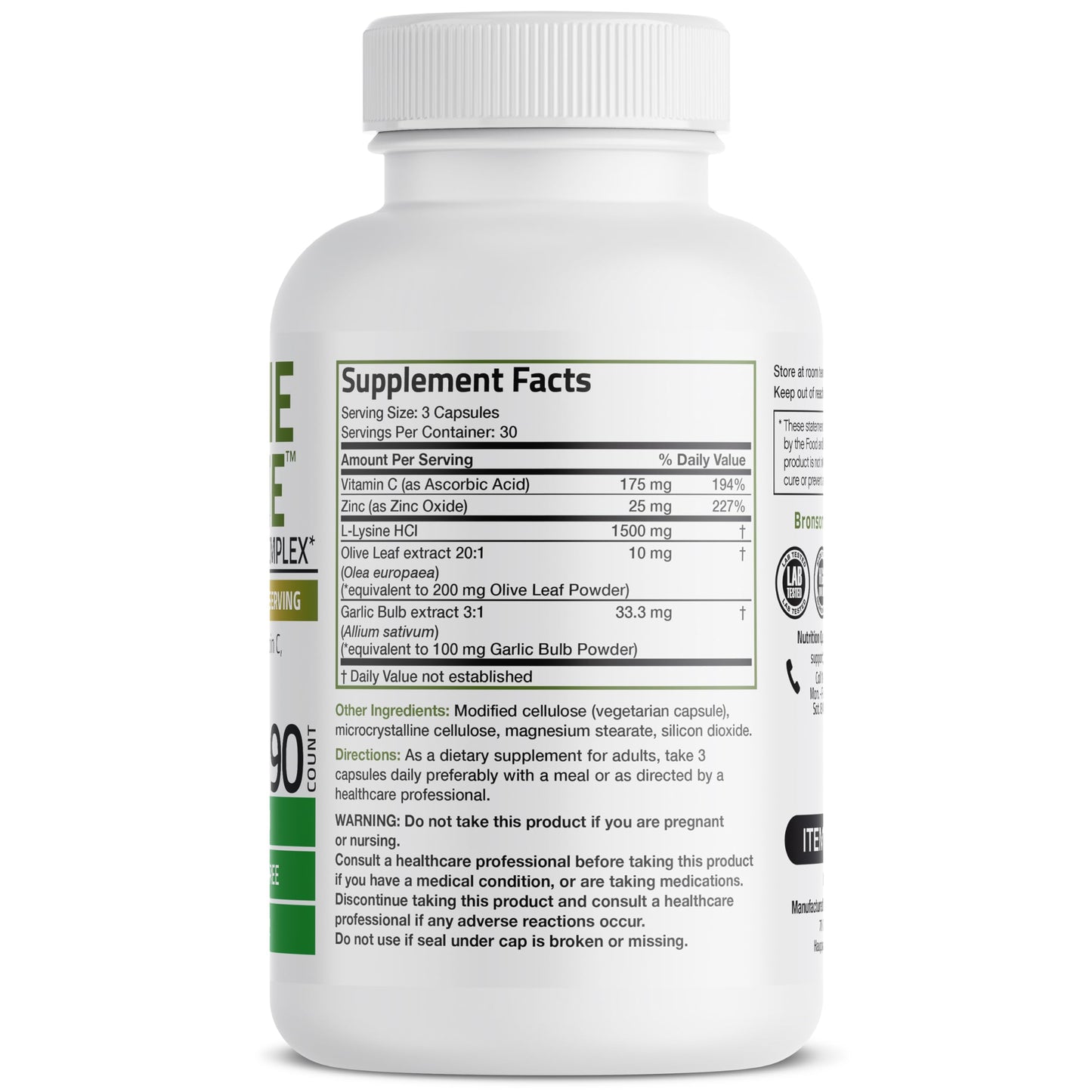Bronson L-Lysine Defense Immune Support Complex 1500 MG L-Lysine Plus Olive Leaf, Garlic, Vitamin C and Zinc - Non-GMO, 90 Vegetarian Capsules