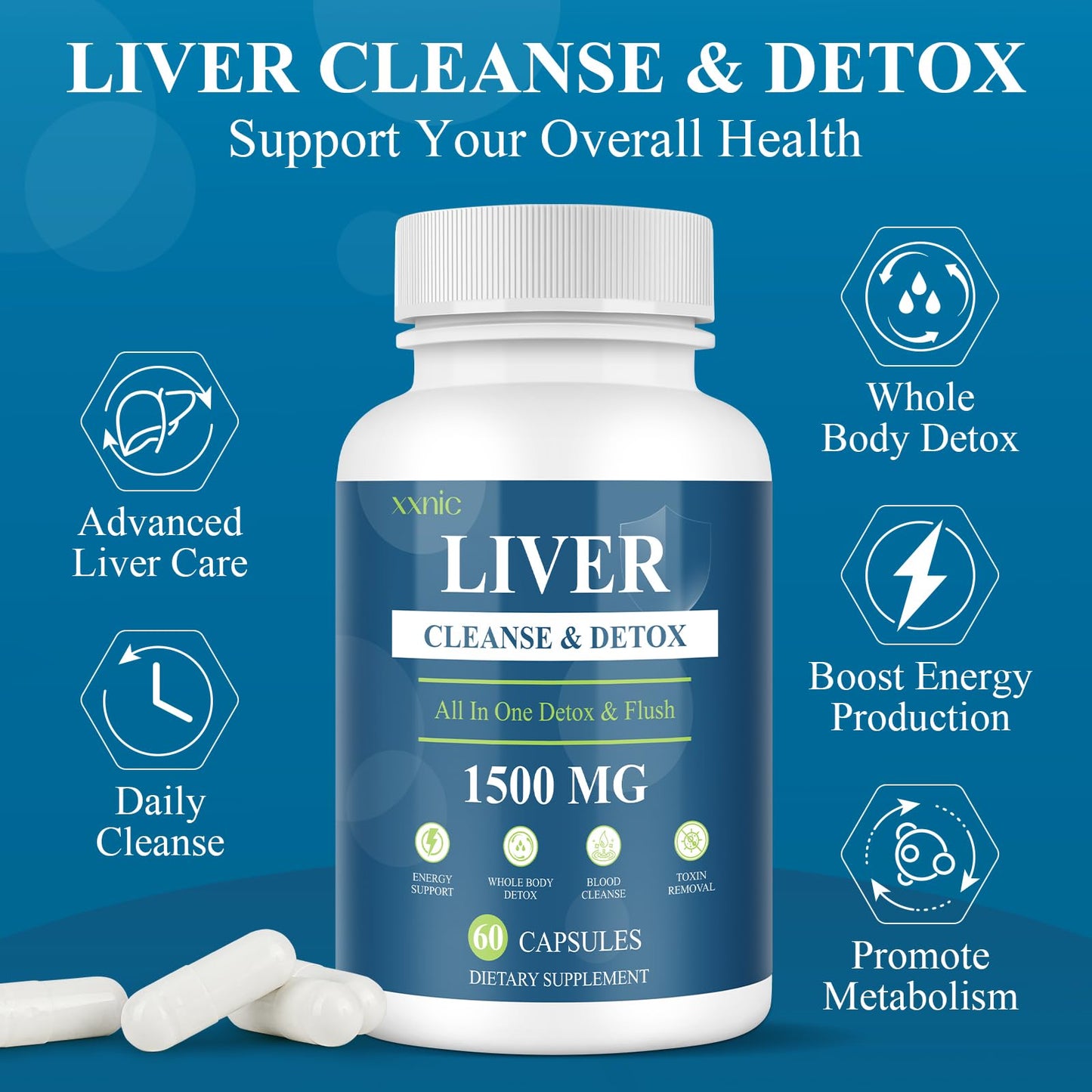 xxnic 120 Capsules (60Caps * 2) Liver Cleanse and Detox & Repair, 1500 MG Liver Detox Cleanse Supplement, Natural Herbal Formula for Liver Health, Fast Toxins Removal