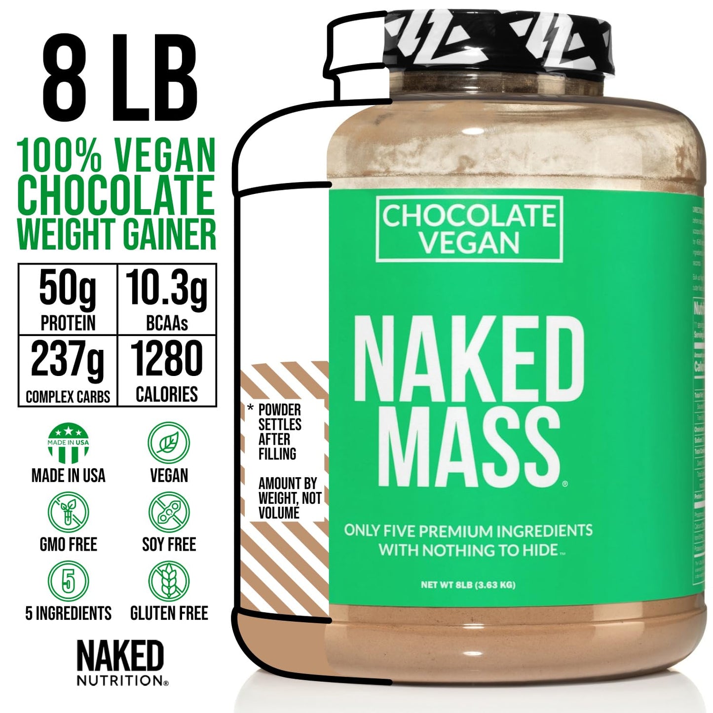 Naked Mass - Chocolate Vegan Weight Gainer - 8Lb Bulk, GMO Free, Gluten Free, Soy Free & Dairy Free. No Artificial Ingredients - 1,280 Calories - 11 Servings