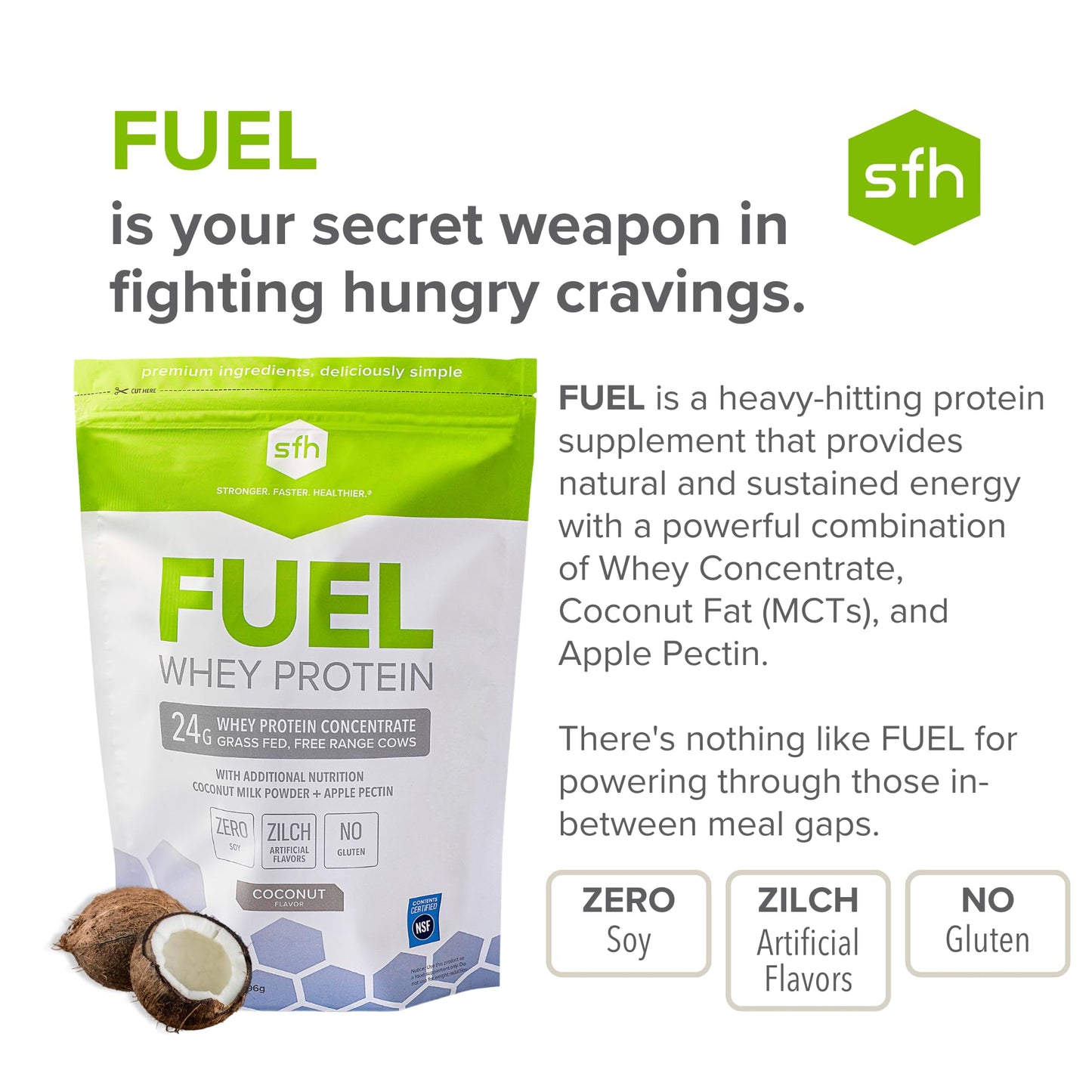 SFH Fuel Whey Protein Powder Great Tasting Grass Fed Whey | MCTs & Fiber for Energy | All Natural | Soy Free, Gluten Free, No RBST, No Artificial Flavors (Coconut (2lb Bag))