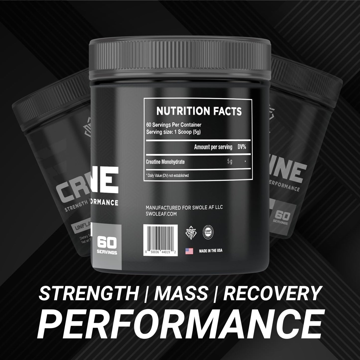 Swole AF | CREATINE Mono | Pre & Post Workout for Muscle Gain Endurance & Recovery | Dietary Supplement to Improve Strength Power Performance & Muscle Growth