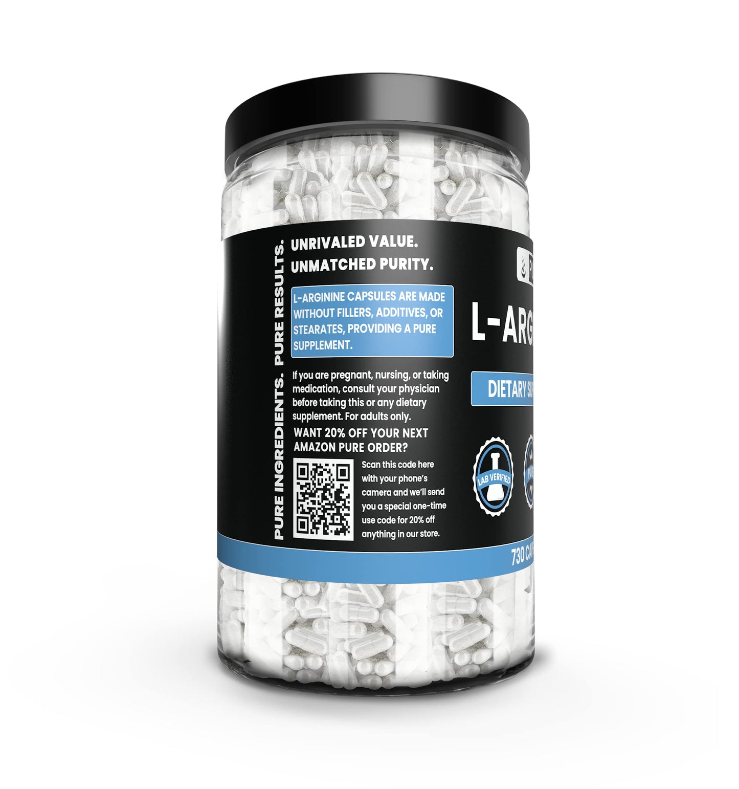 Pure Original Ingredients L-Arginine (730 Capsules) No Magnesium Or Rice Fillers, Always Pure, Lab Verified