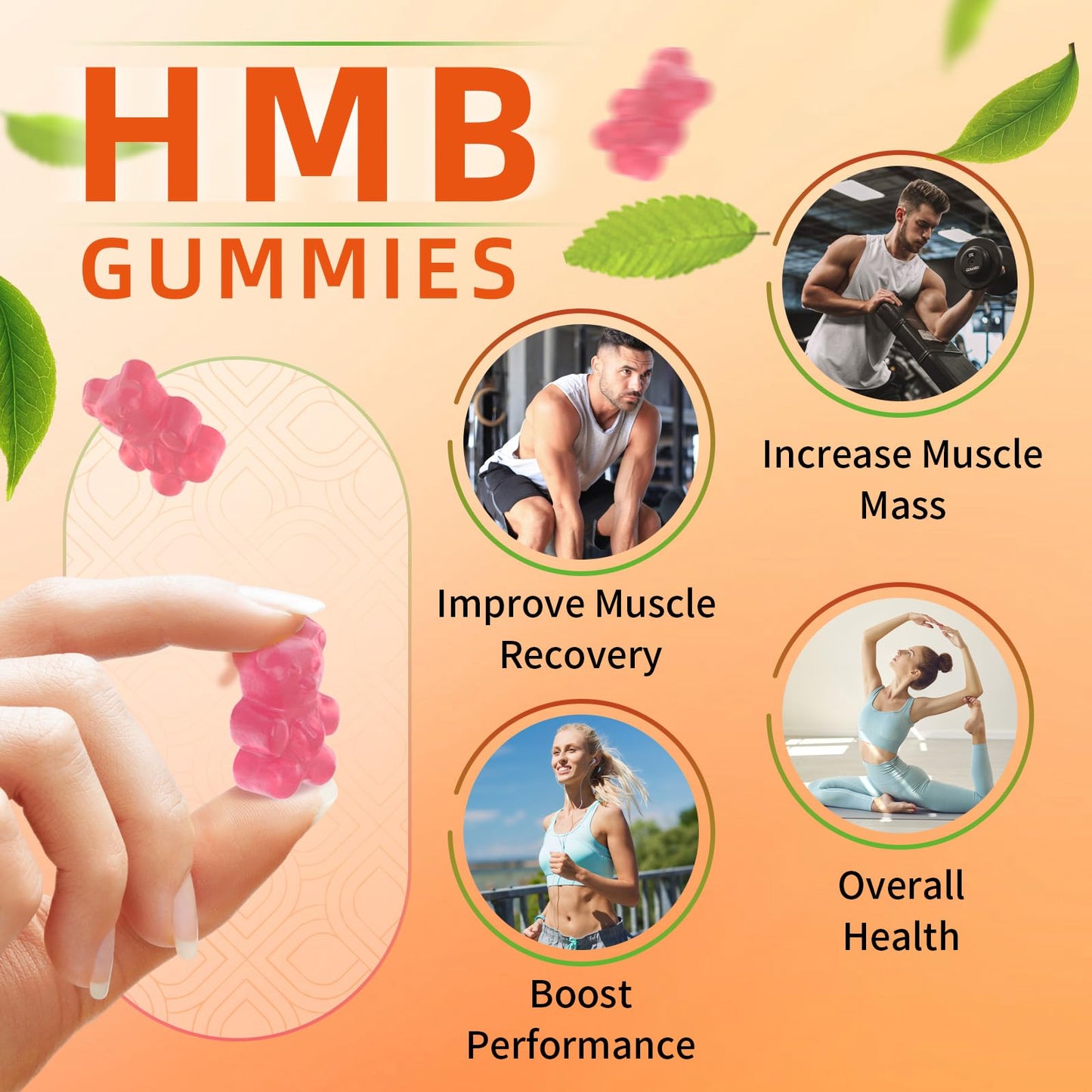 HEALOADING HMB and Leucine Gummies Supplement: HMB Supplements for Men 1500mg and Leucine Amino Acid for Muscle Recovery Increase Muscle Mass Improve Endurance Non-GMO Sugar Free Peach 60 Gummies