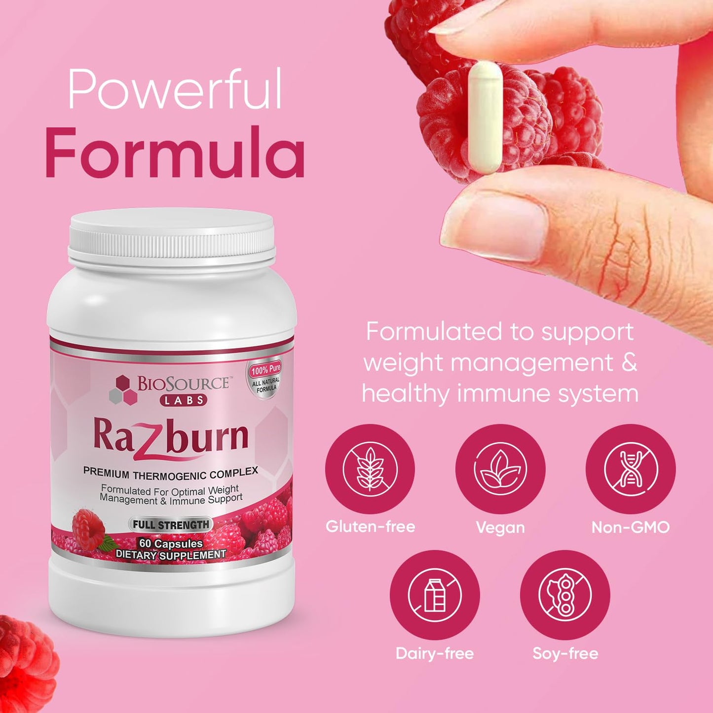BioSource Labs Razburn Weight Management Supplement, Green Tea Extract, Caffeine & Botanical Blend, Energy & Metabolism Support Pills for Men & Women, 60 Capsules